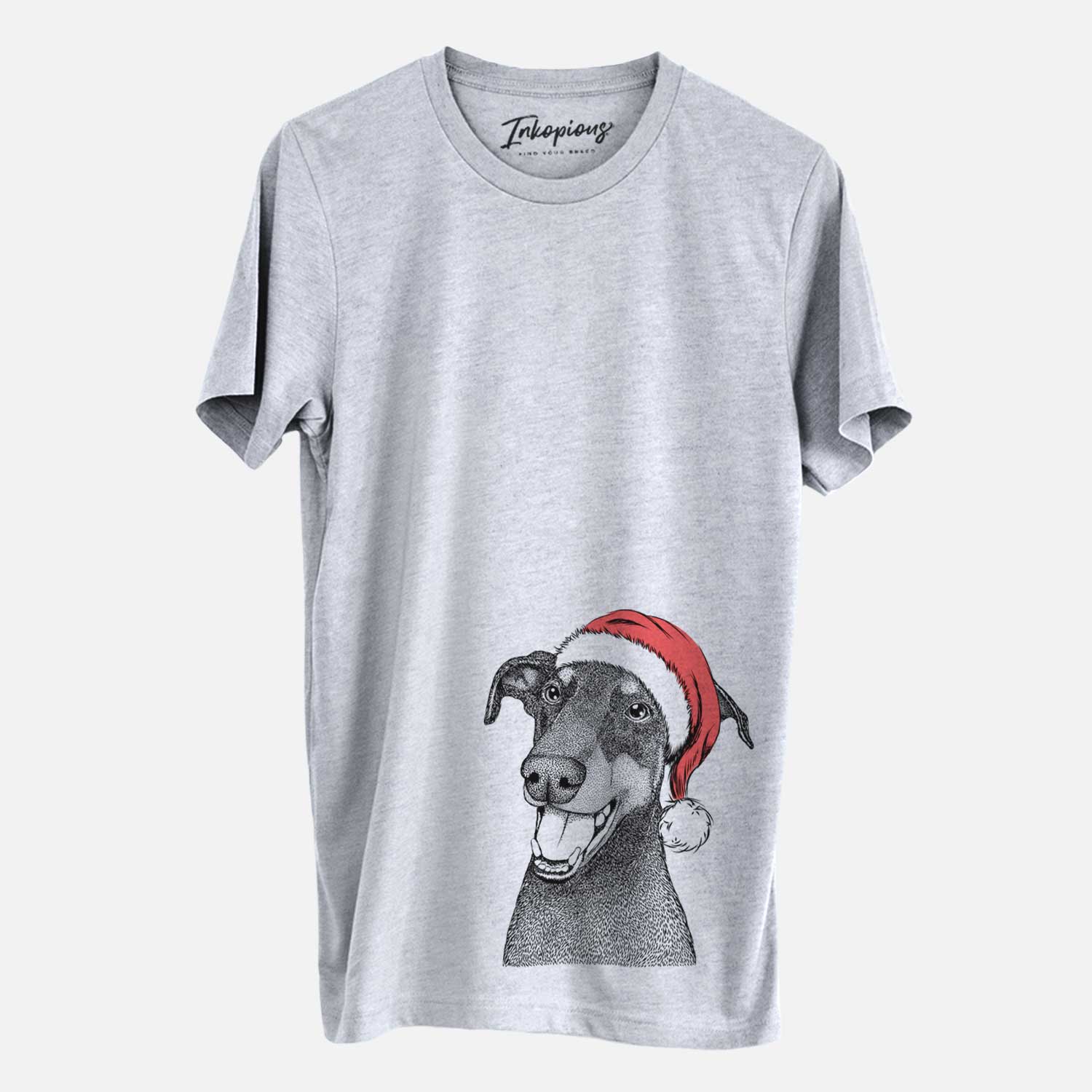 Hand-drawn sketch of Bunnie the Doberman Pinscher wearing a Santa hat on a Grey Unisex crewneck