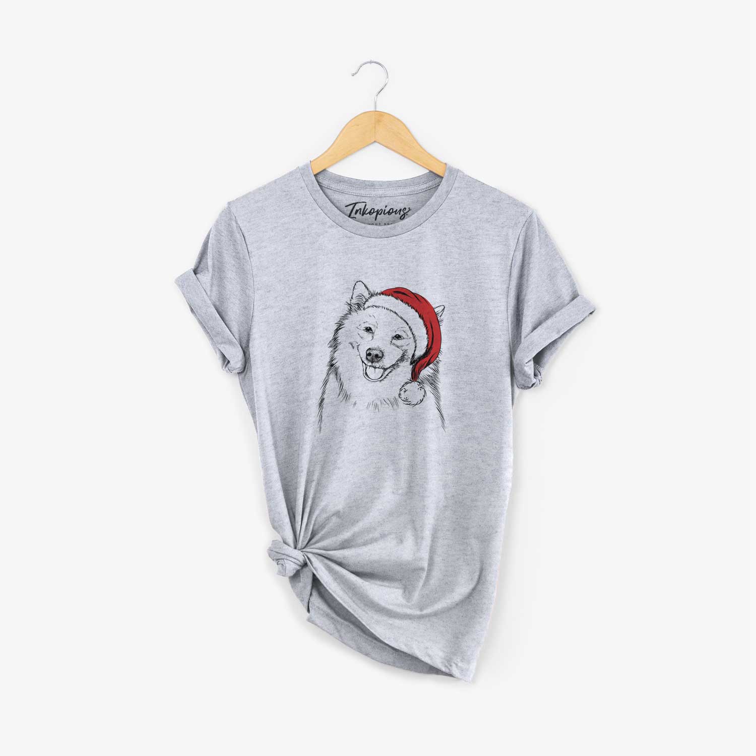 Hand-drawn sketch of Caico the Samoyed wearing a Santa hat on a Grey Unisex crewneck