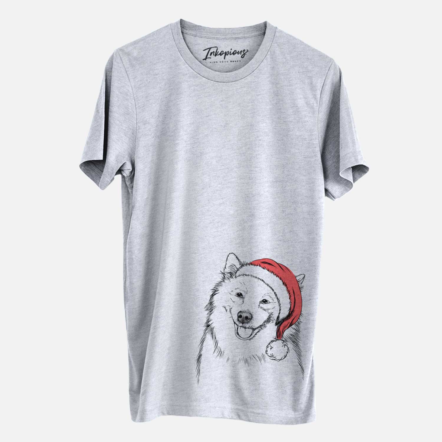 Hand-drawn sketch of Caico the Samoyed wearing a Santa hat on a Grey Unisex crewneck