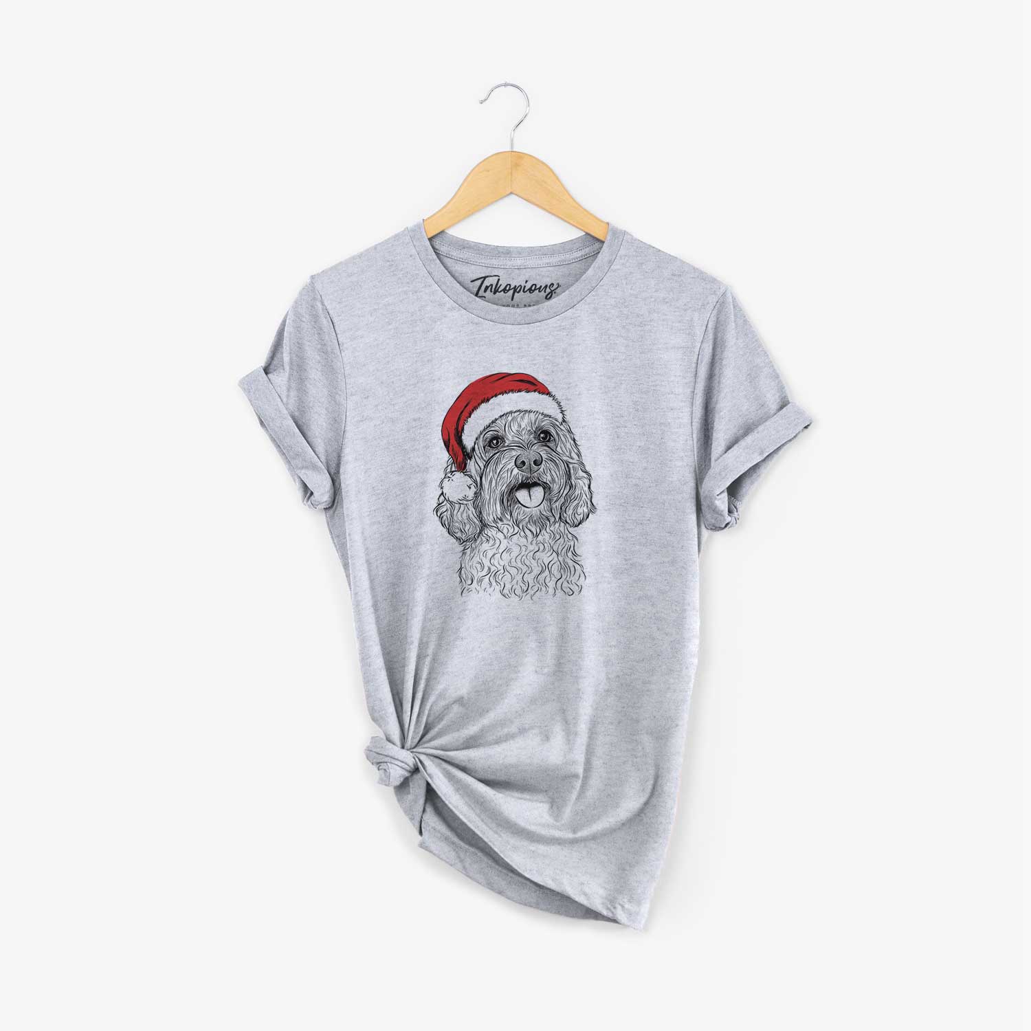 Hand-drawn sketch of Cali the Cavapoo wearing a Santa hat on a Grey Unisex crewneck