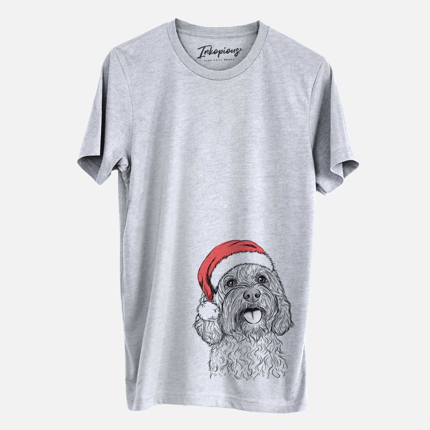 Hand-drawn sketch of Cali the Cavapoo wearing a Santa hat on a Grey Unisex crewneck