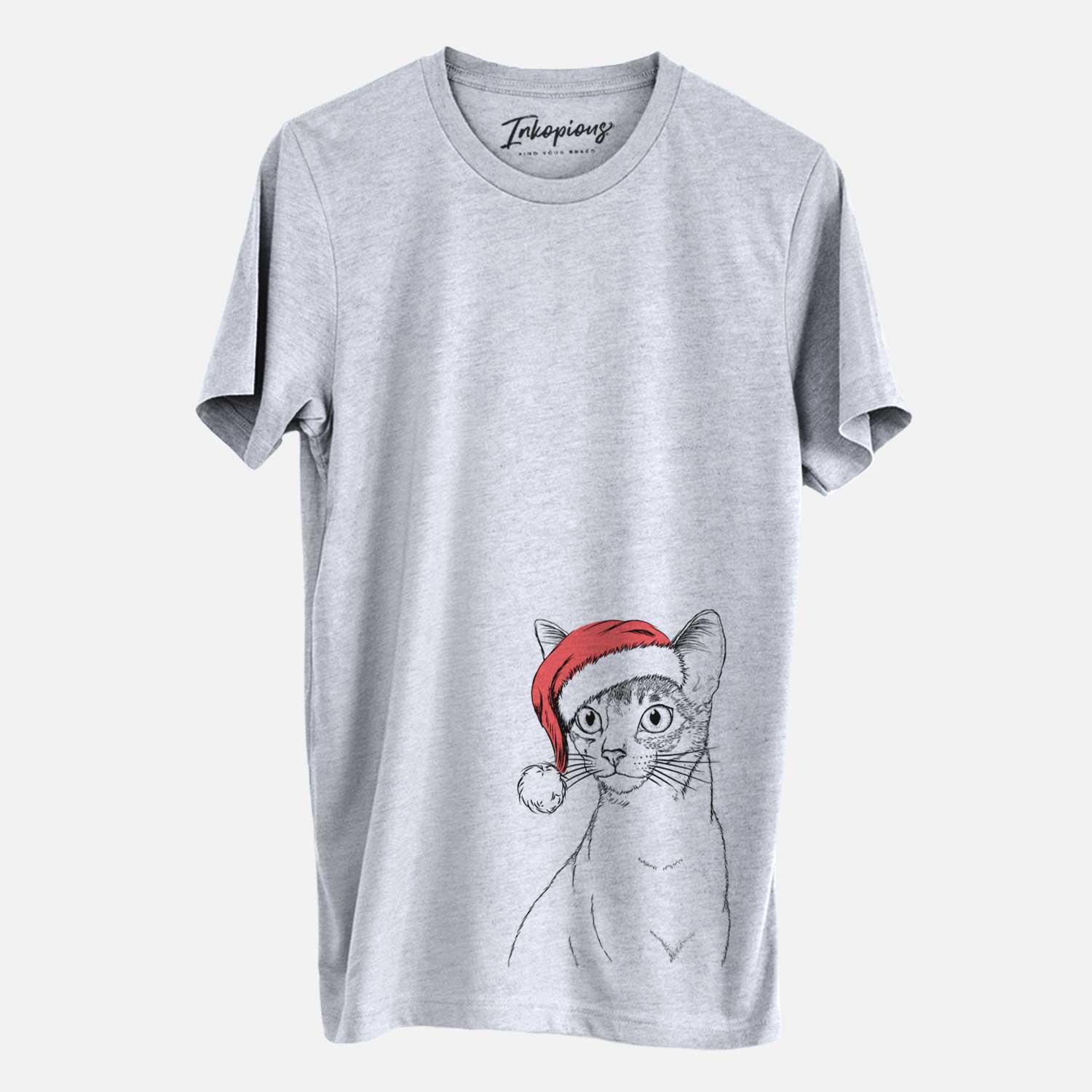 Hand-drawn sketch of Cedric the Abyssinian Cat wearing a Santa hat on a Grey Unisex crewneck