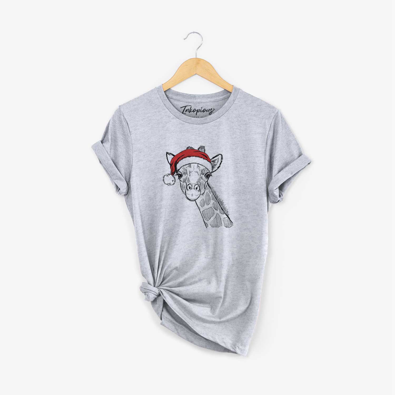 Hand-drawn sketch of Cedrick the Giraffe wearing a Santa hat on a Grey Unisex crewneck