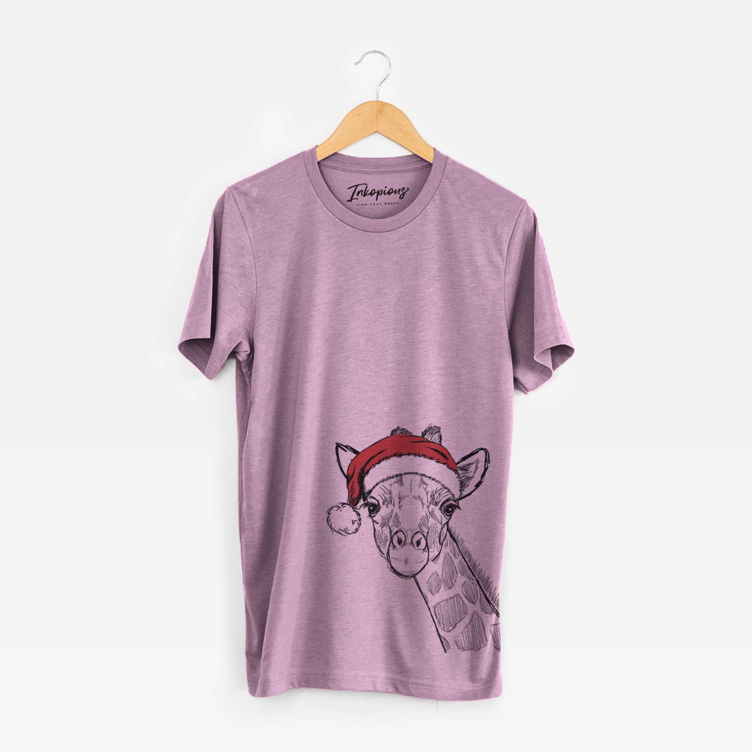 Hand-drawn sketch of Cedrick the Giraffe wearing a Santa hat on an Orchid Unisex crewneck