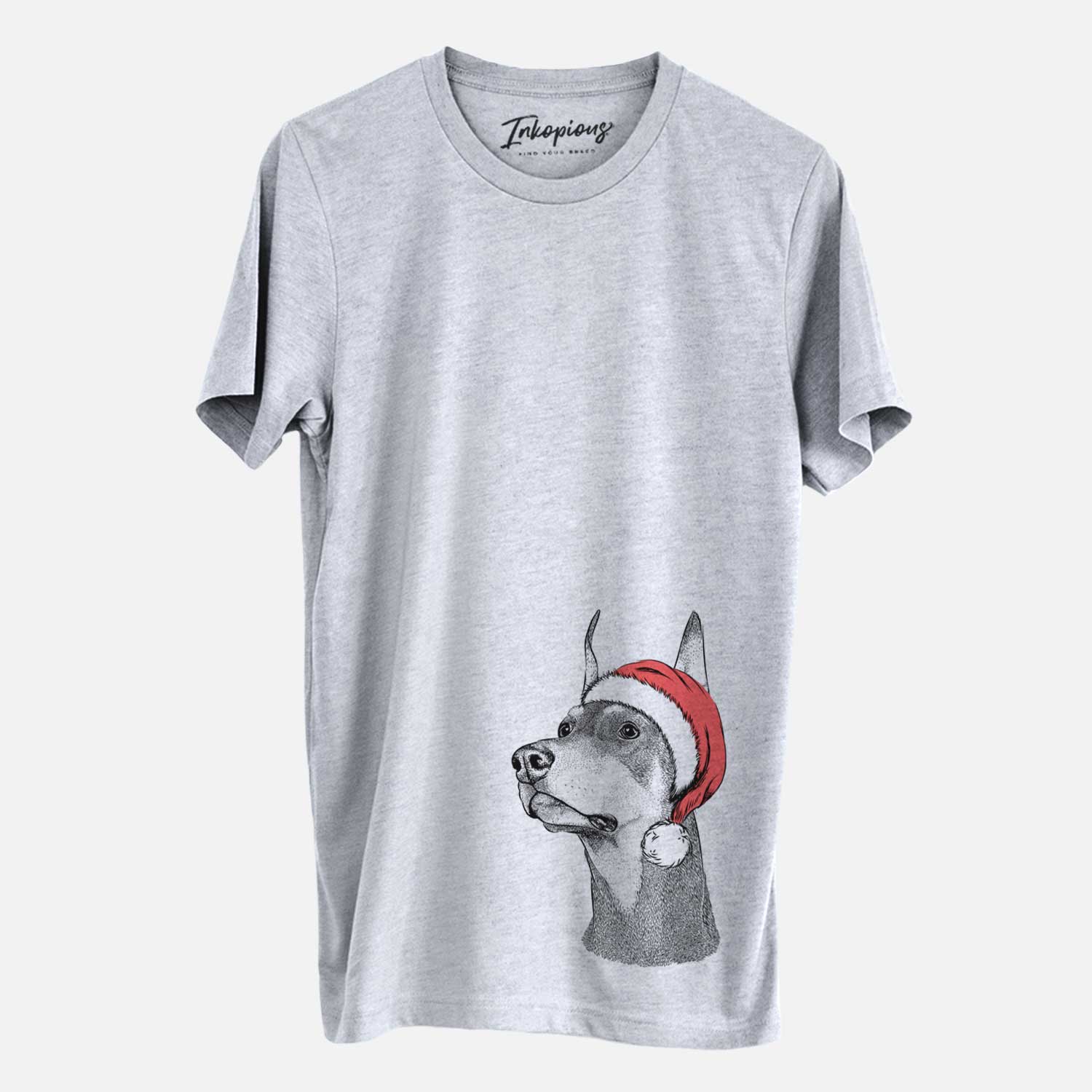 Hand-drawn sketch of Cenza the Doberman Pinscher wearing a Santa hat on a Grey Unisex crewneck