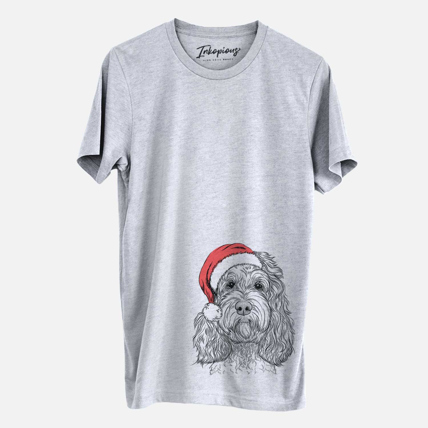 Hand-drawn sketch of Chloe the Cockapoo wearing a Santa hat on a Grey Unisex crewneck