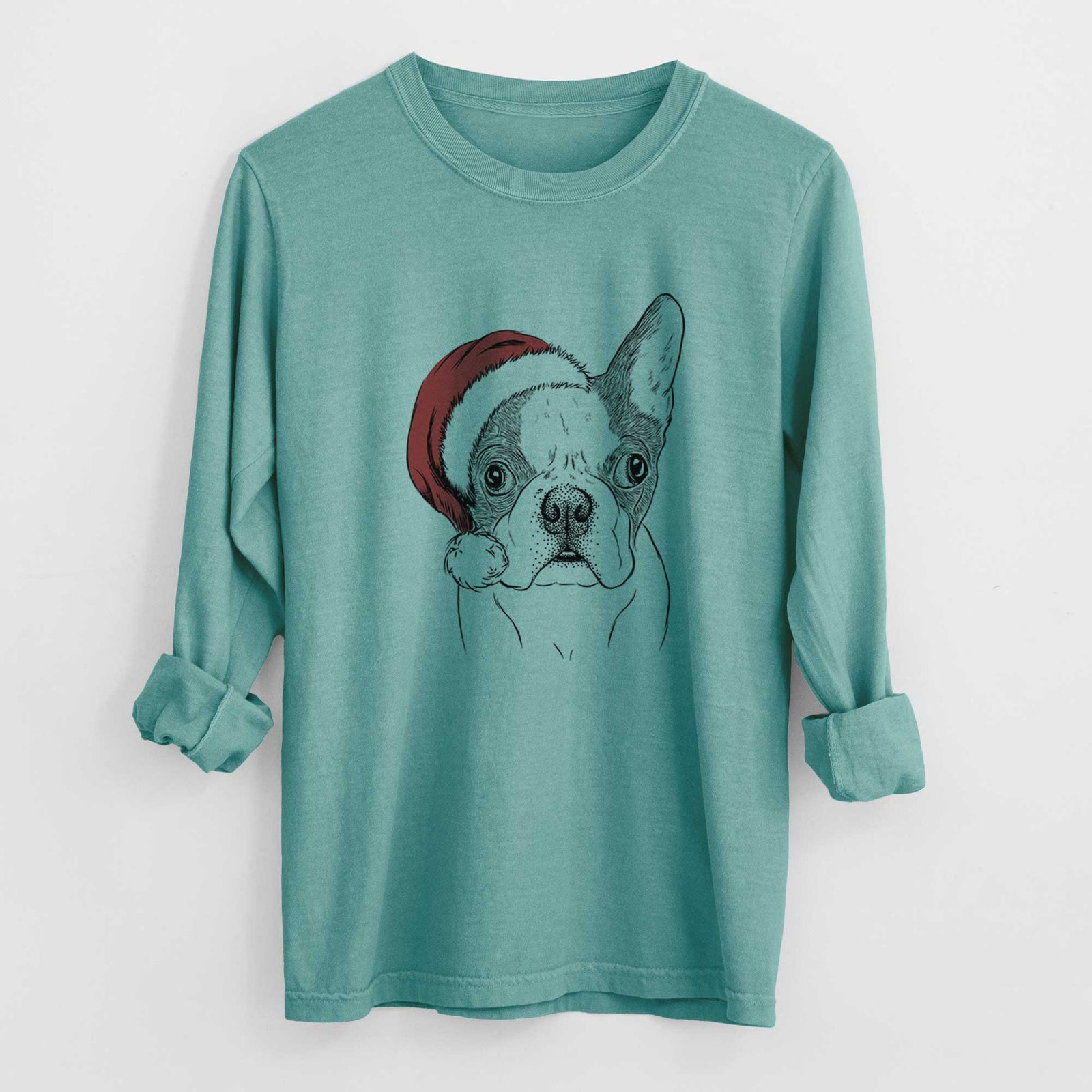 Santa Chocolate Chip the Boston Terrier - Heavyweight 100% Cotton Long Sleeve