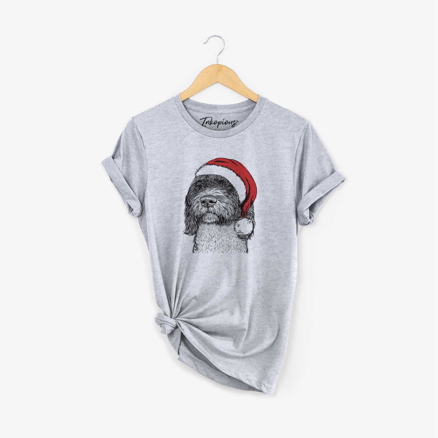 Hand-drawn sketch of Chris the Portuguese Water Dog wearing a Santa hat on a Grey Unisex crewneck