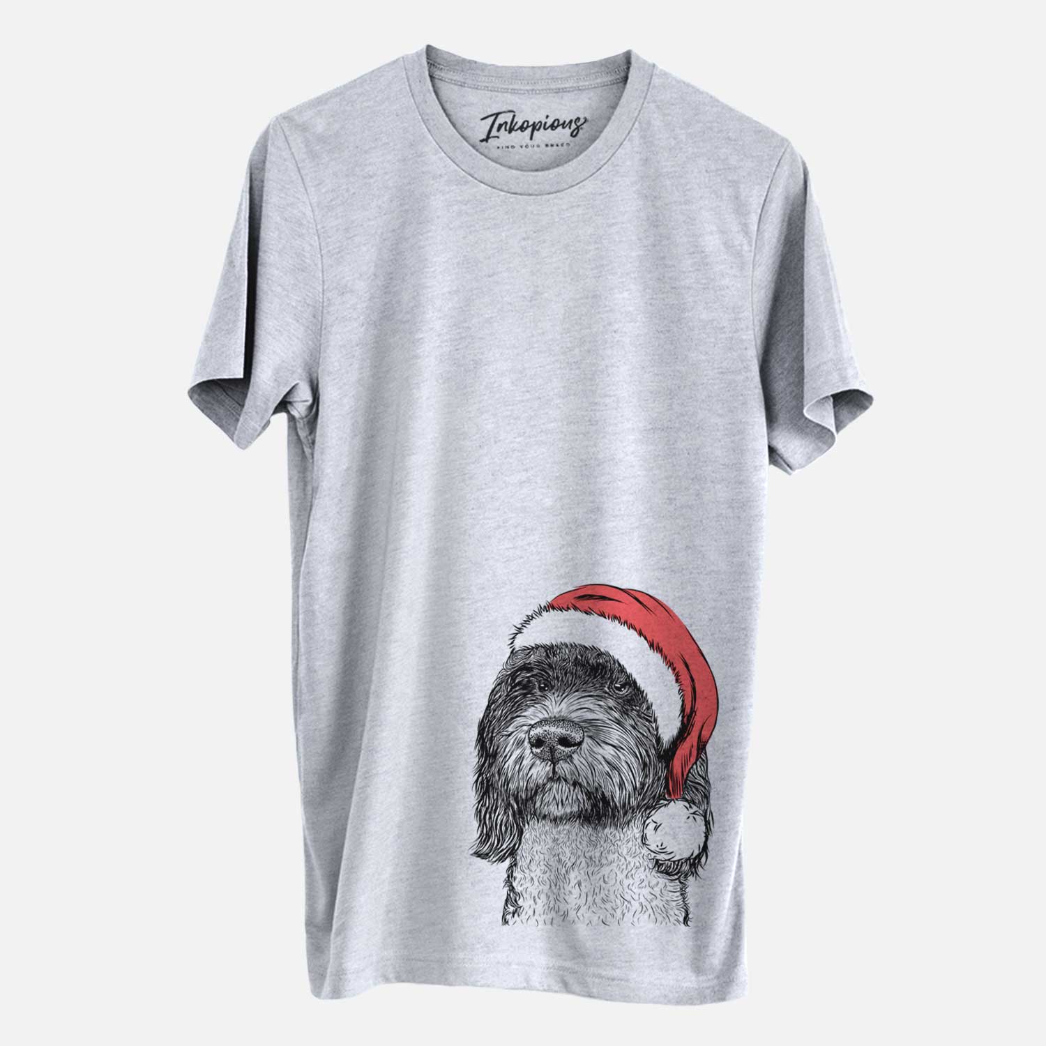 Hand-drawn sketch of Chris the Portuguese Water Dog wearing a Santa hat on a Grey Unisex crewneck