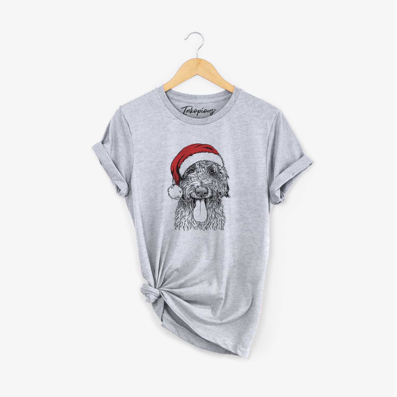 Hand-drawn sketch of CiCi Paulk the Aussiedoodle wearing a Santa hat on a Grey Unisex crewneck