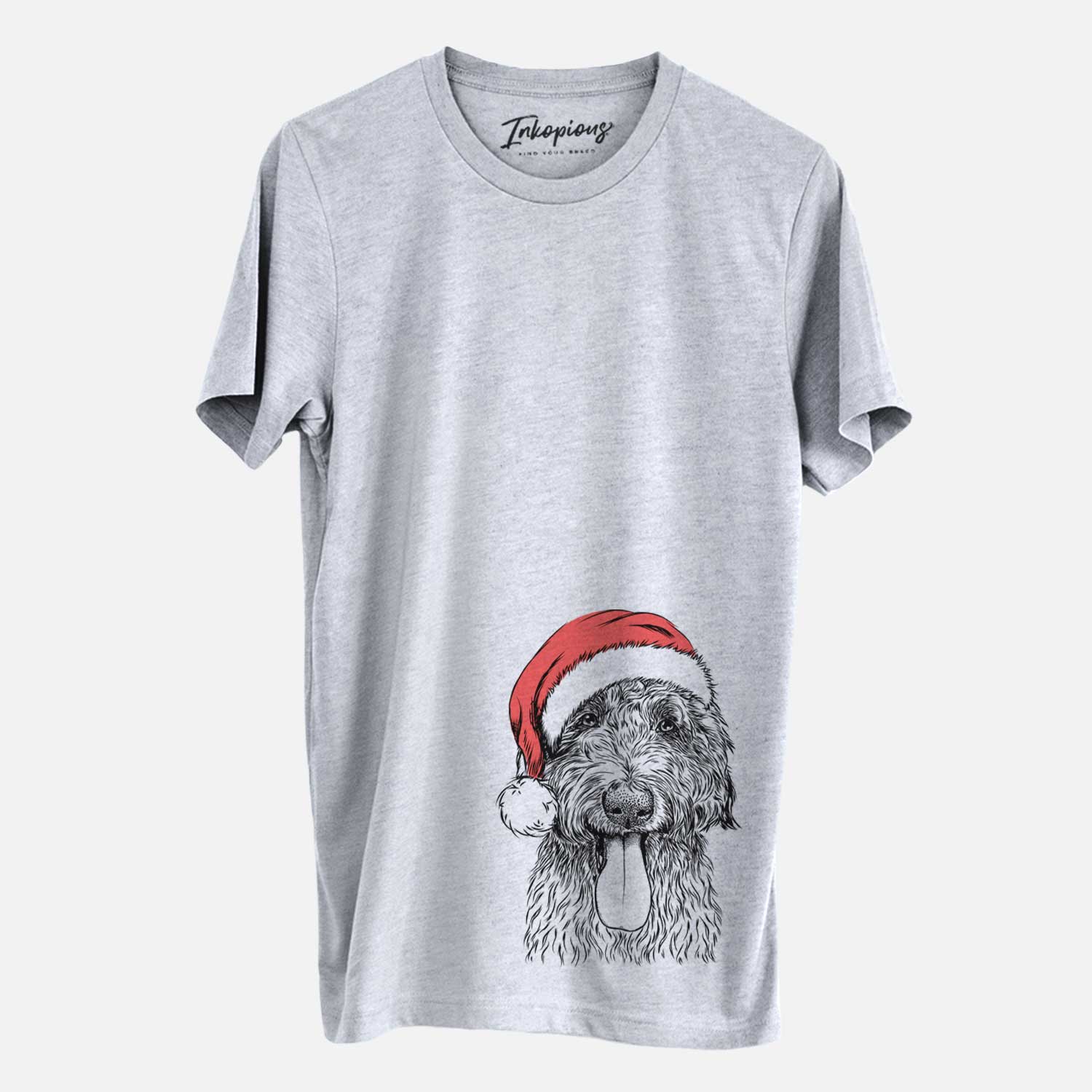 Hand-drawn sketch of CiCi Paulk the Aussiedoodle wearing a Santa hat on a Grey Unisex crewneck