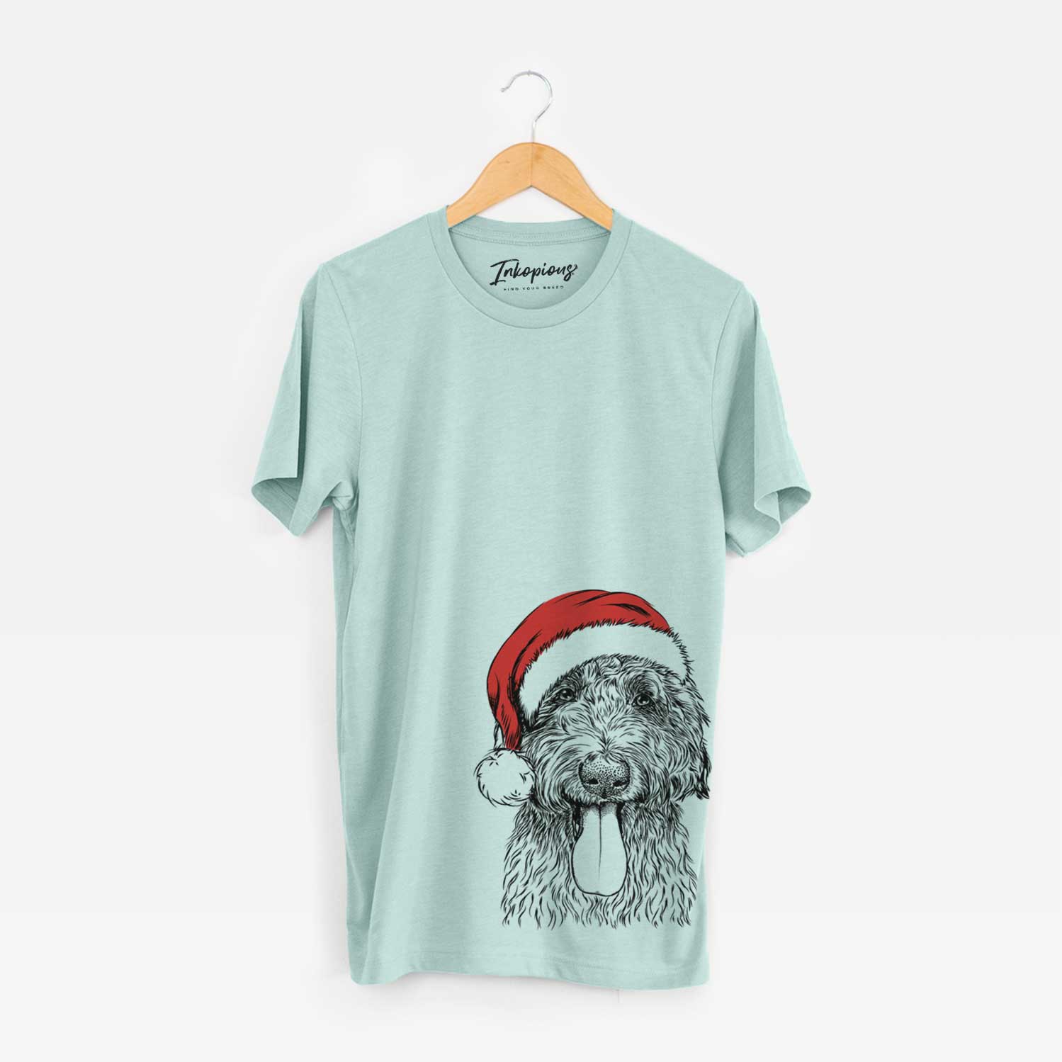 Hand-drawn sketch of CiCi Paulk the Aussiedoodle wearing a Santa hat on a Heather Sage Unisex crewneck