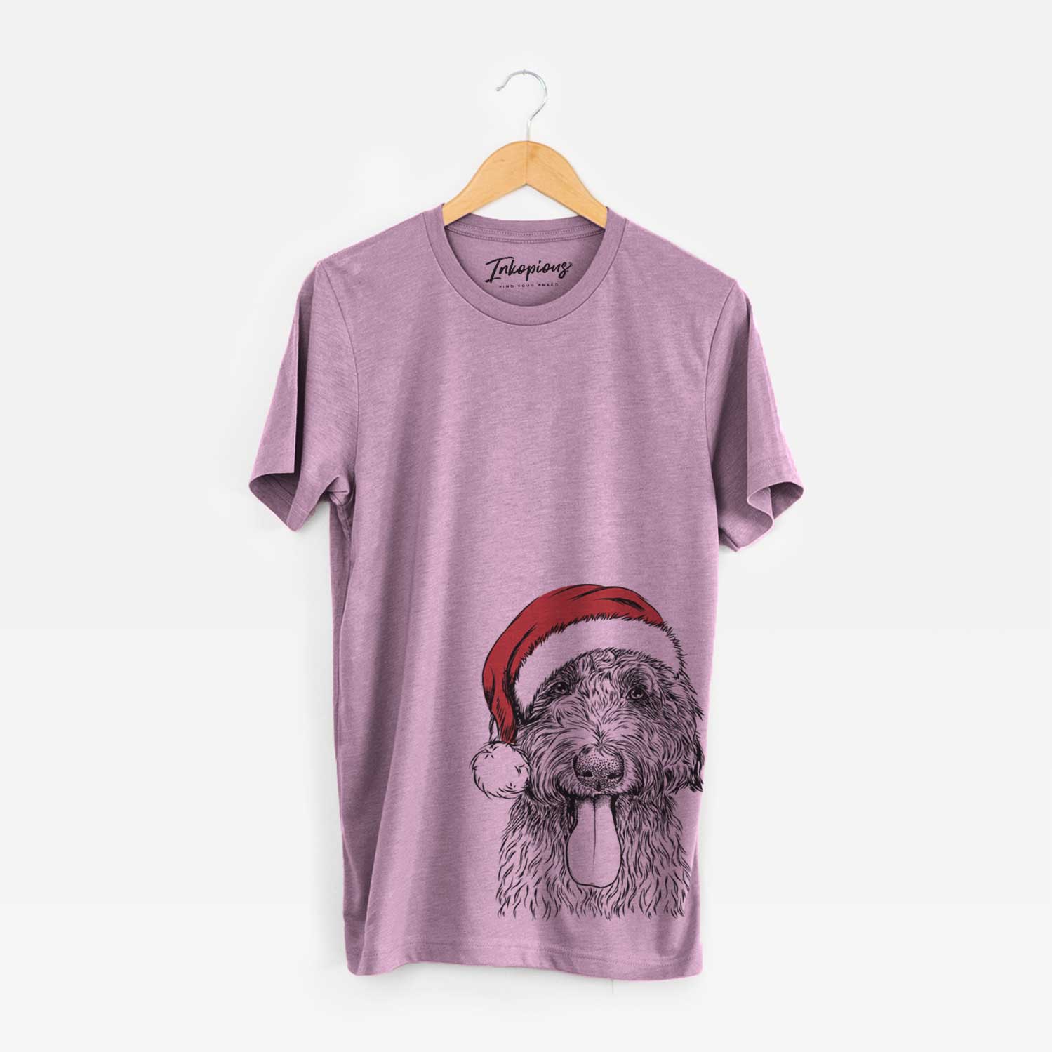 Hand-drawn sketch of CiCi Paulk the Aussiedoodle wearing a Santa hat on an Orchid Unisex crewneck