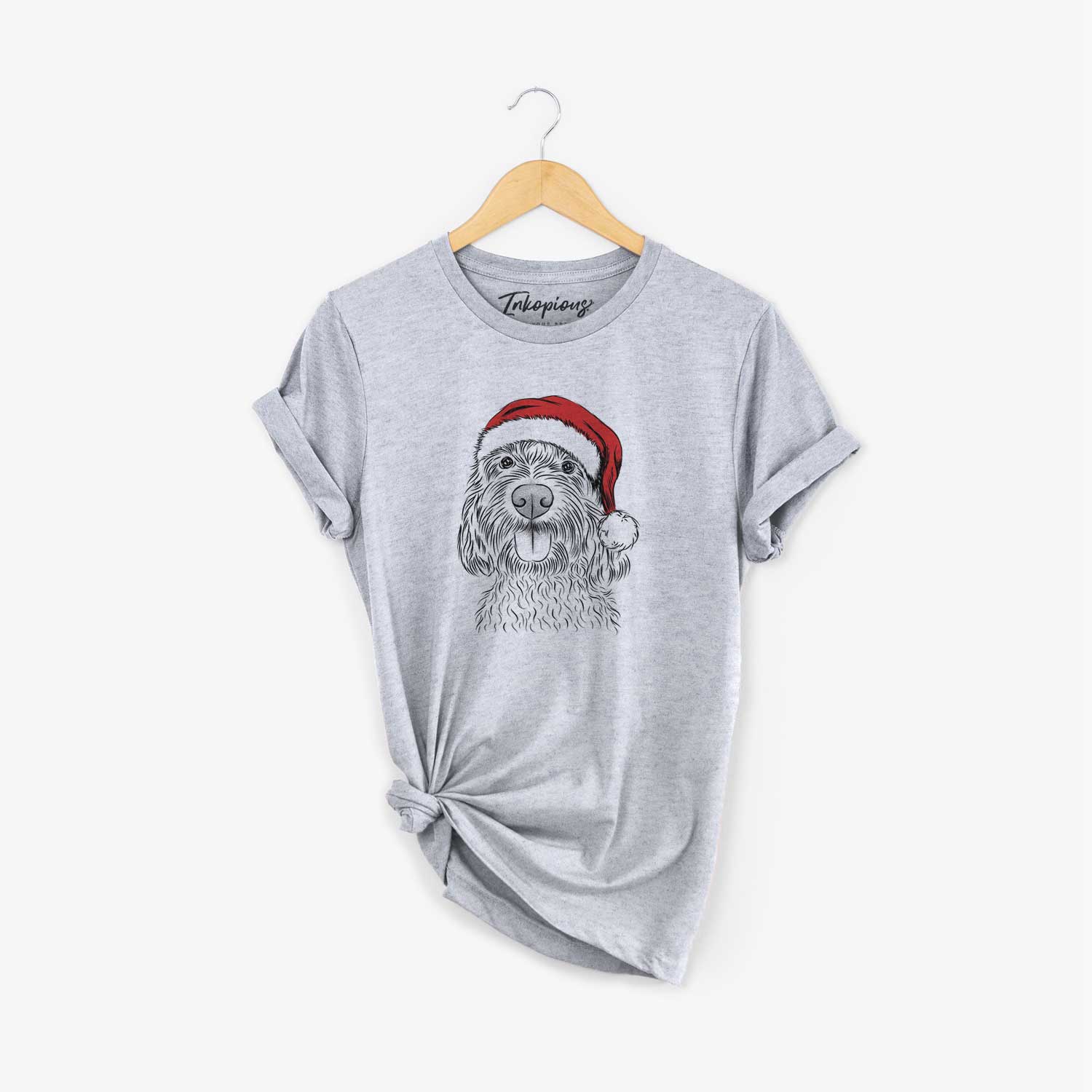 Hand-drawn sketch of Clover the Cockapoo wearing a Santa hat on a Grey Unisex crewneck