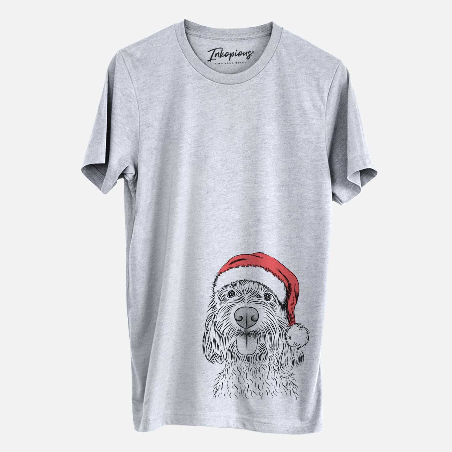 Hand-drawn sketch of Clover the Cockapoo wearing a Santa hat on a Grey Unisex crewneck