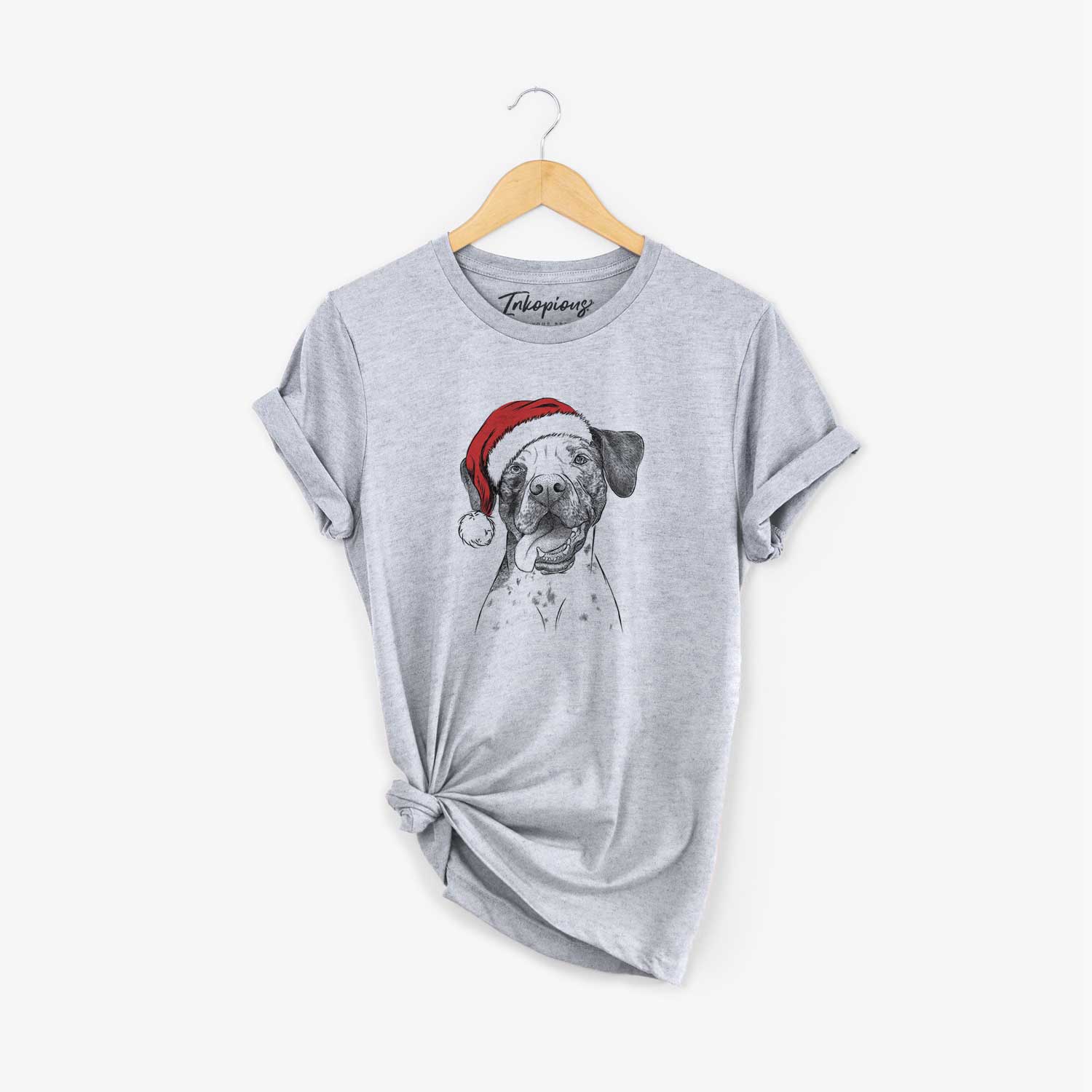 Hand-drawn sketch of Cola the Catahoula wearing a Santa hat on a Grey Unisex crewneck