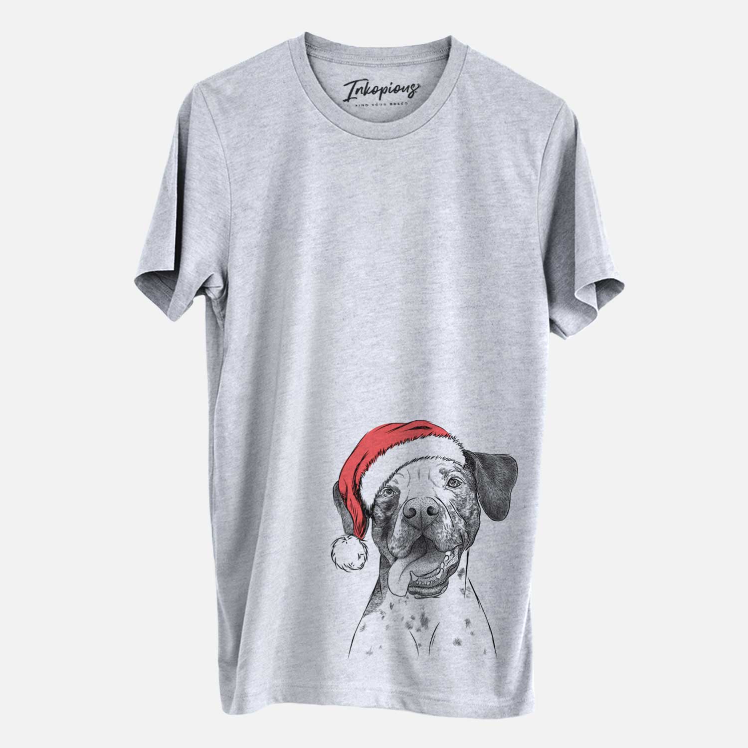 Hand-drawn sketch of Cola the Catahoula wearing a Santa hat on a Grey Unisex crewneck