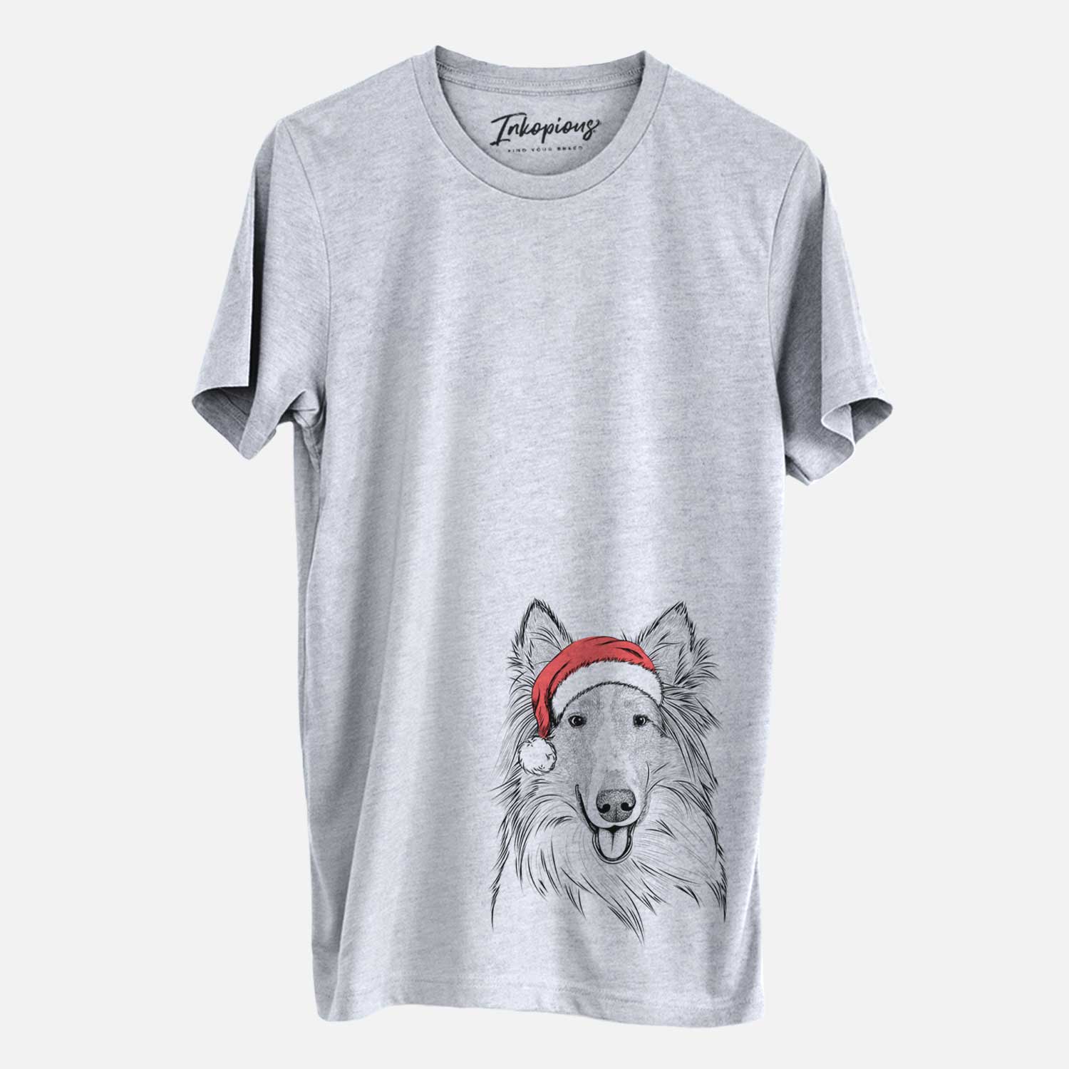Hand-drawn sketch of Conrad the Rough Collie wearing a Santa hat on a Grey Unisex crewneck