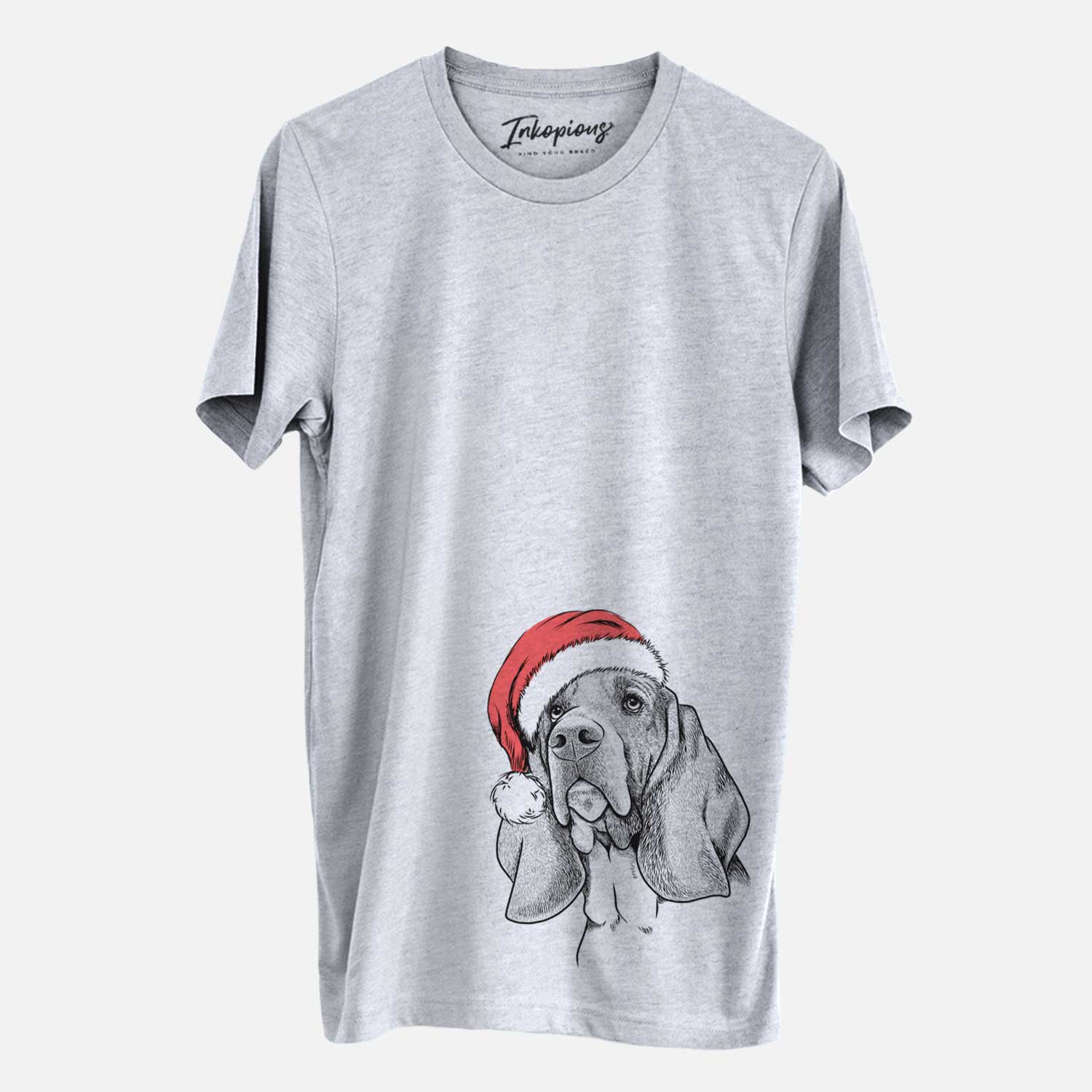 Hand-drawn sketch of Cooper the Basset Hound wearing a Santa hat on a Grey Unisex crewneck