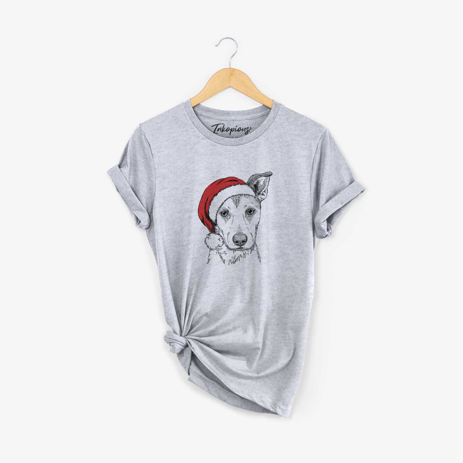 Hand-drawn sketch of Coral the Mixed Breed wearing a Santa hat on a Grey Unisex crewneck