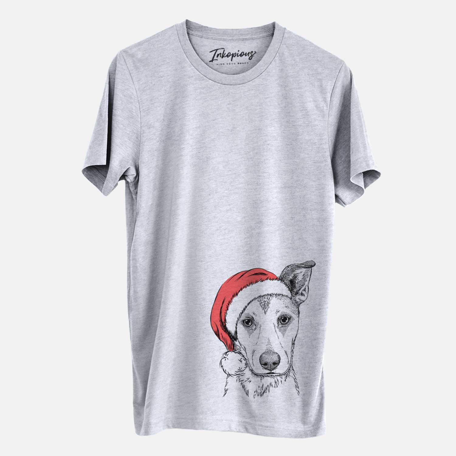 Hand-drawn sketch of Coral the Mixed Breed wearing a Santa hat on a Grey Unisex crewneck