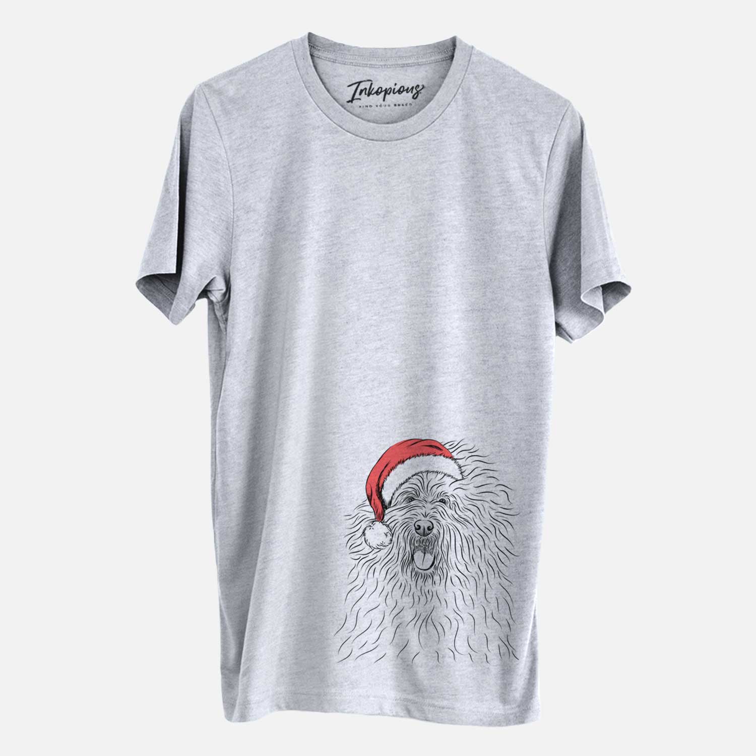 Hand-drawn sketch of Cozie the Old English Sheepdog wearing a Santa hat on a Grey Unisex crewneck
