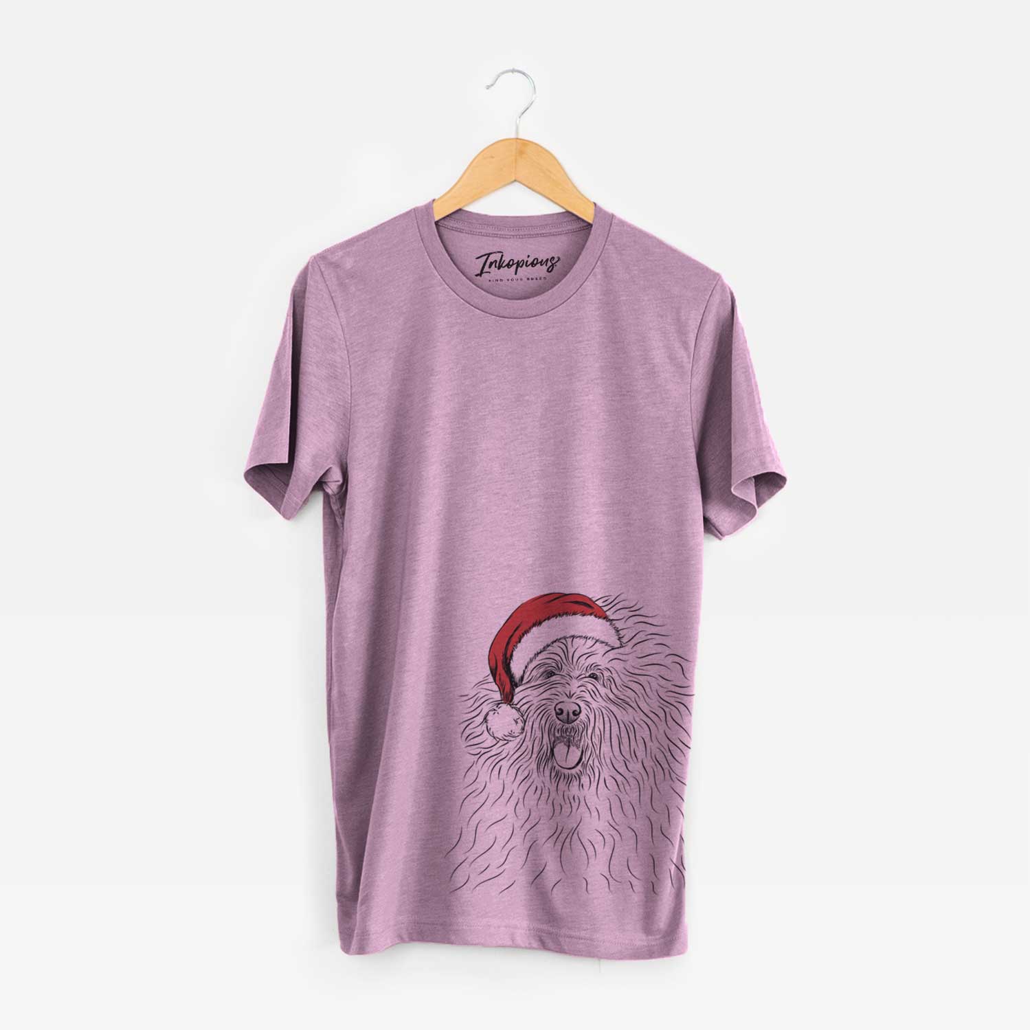 Hand-drawn sketch of Cozie the Old English Sheepdog wearing a Santa hat on an Orchid Unisex crewneck