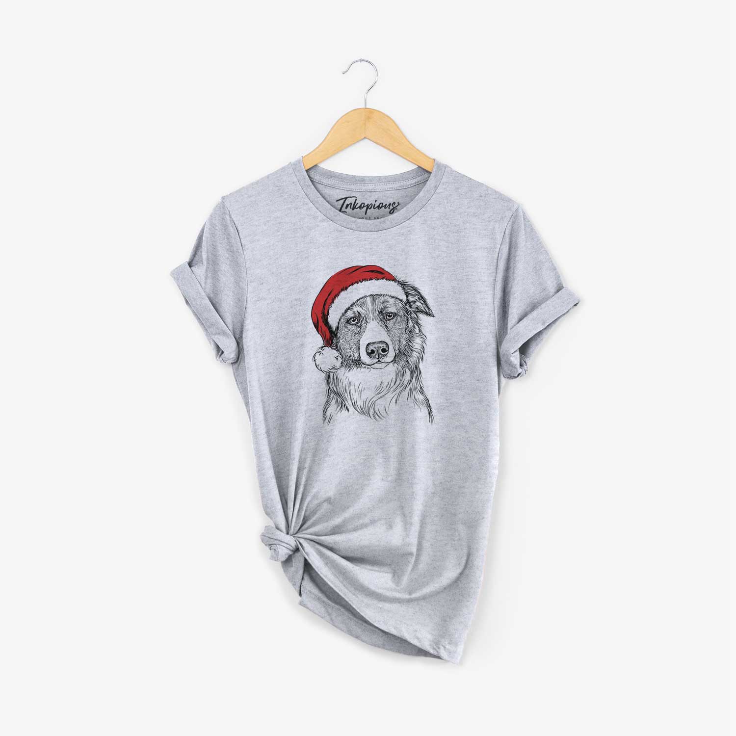 Hand-drawn sketch of Cynder the English Shepherd wearing a Santa hat on a Grey Unisex crewneck