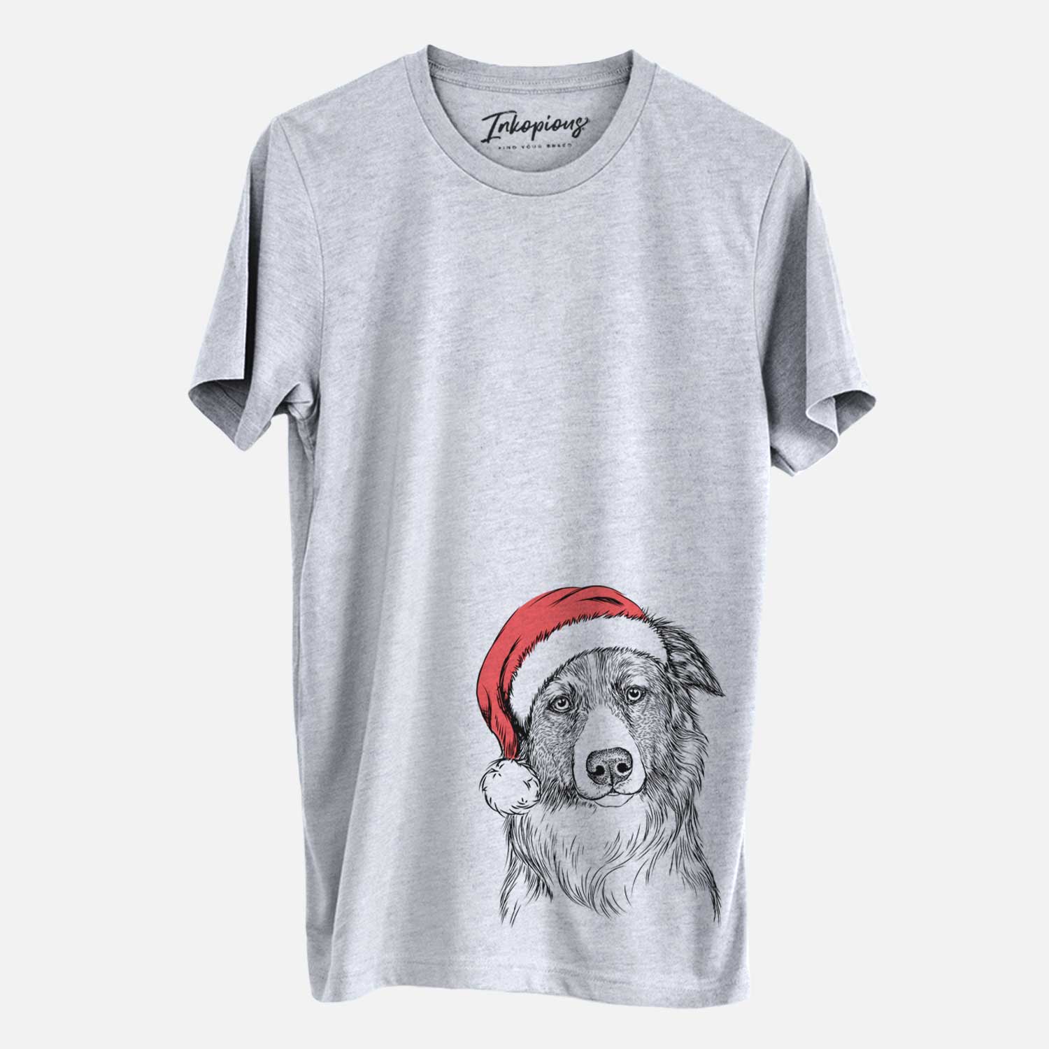 Hand-drawn sketch of Cynder the English Shepherd wearing a Santa hat on a Grey Unisex crewneck