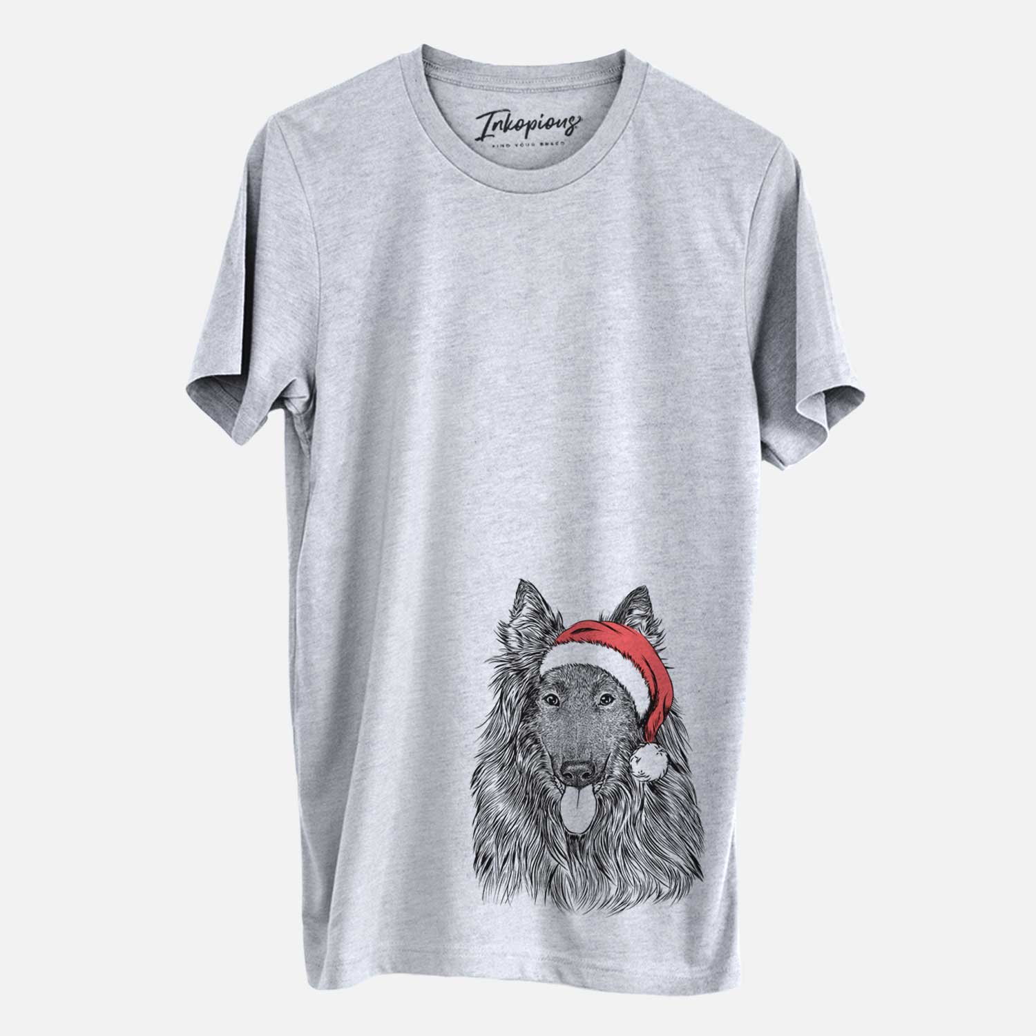 Hand-drawn sketch of Daan the Belgian Shepherd wearing a Santa hat on a Grey Unisex crewneck
