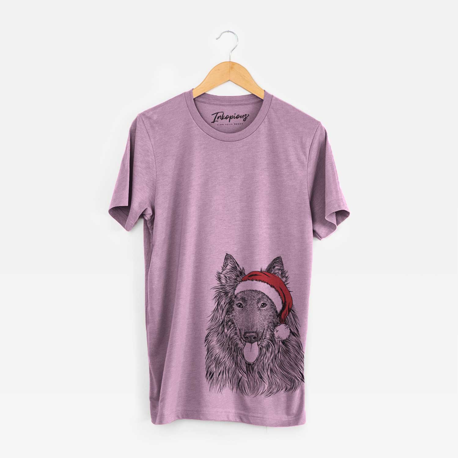 Hand-drawn sketch of Daan the Belgian Shepherd wearing a Santa hat on an Orchid Unisex crewneck