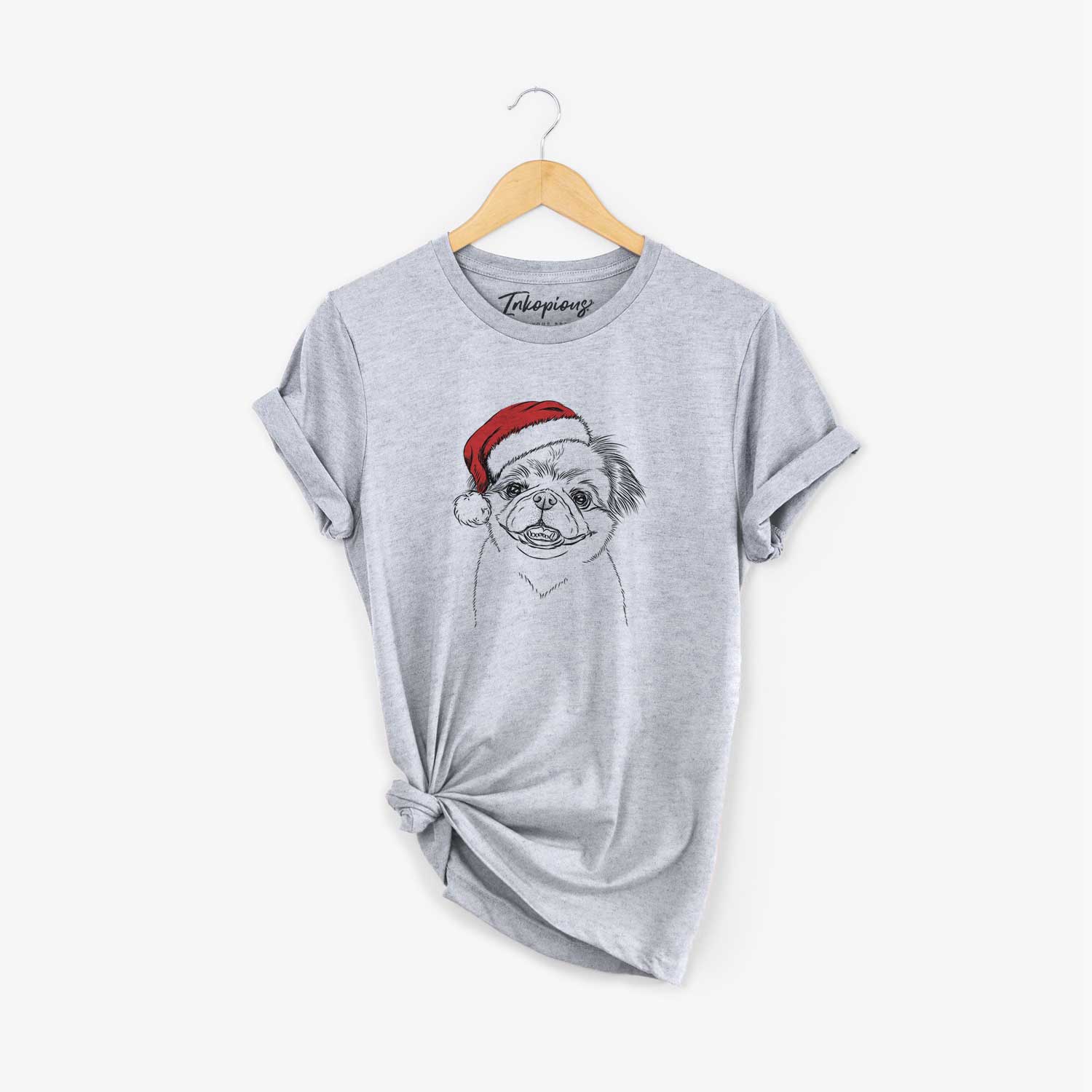 Hand-drawn sketch of Danny the Pekingese wearing a Santa hat on a Grey Unisex crewneck