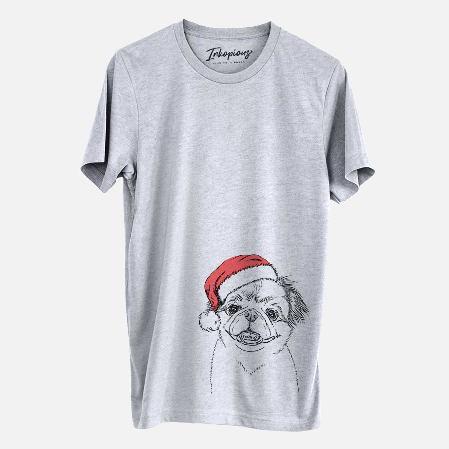 Hand-drawn sketch of Danny the Pekingese wearing a Santa hat on a Grey Unisex crewneck