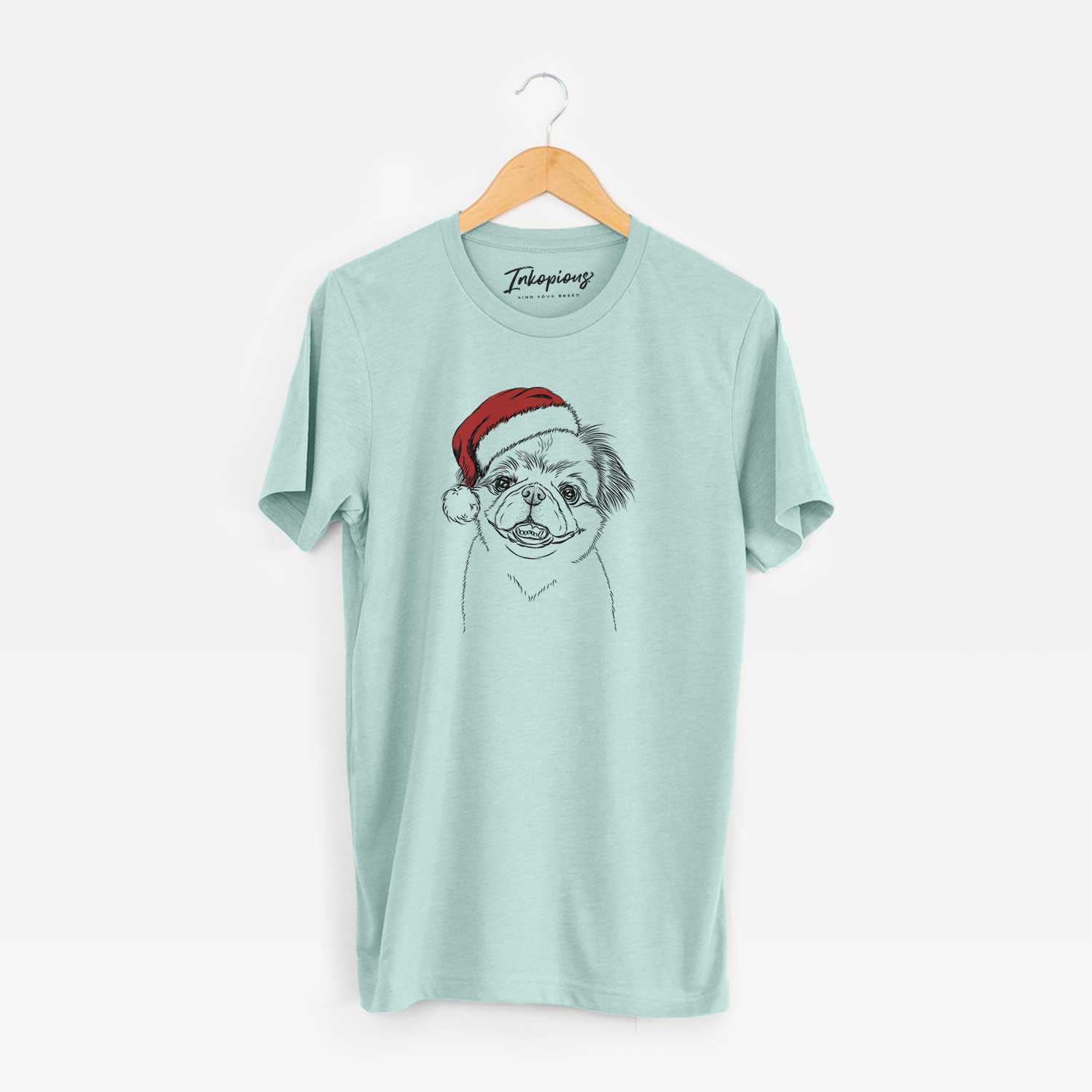 Hand-drawn sketch of Danny the Pekingese wearing a Santa hat on a Heather Sage Unisex crewneck