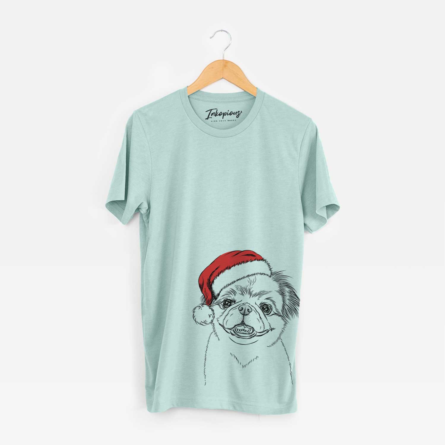Hand-drawn sketch of Danny the Pekingese wearing a Santa hat on a Heather Sage Unisex crewneck