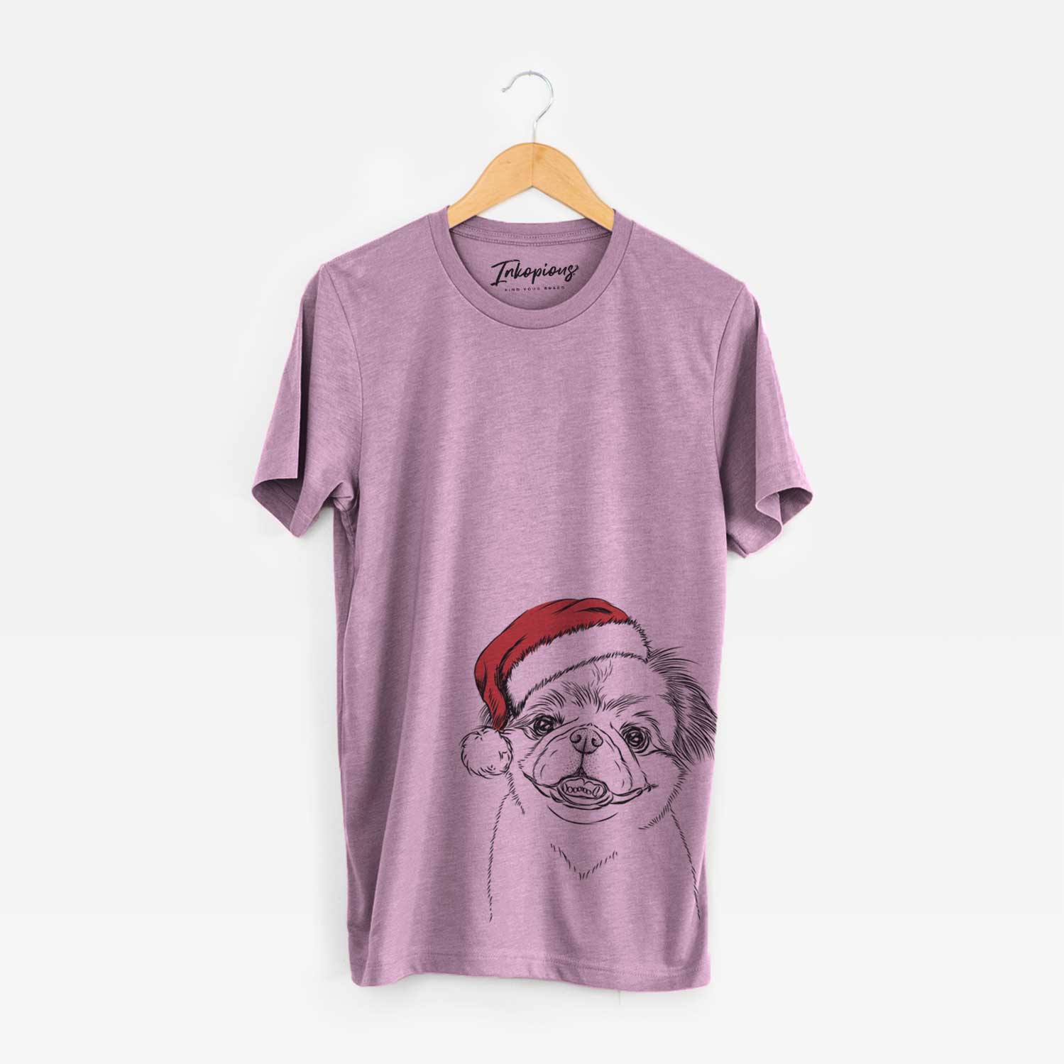 Hand-drawn sketch of Danny the Pekingese wearing a Santa hat on an Orchid Unisex crewneck