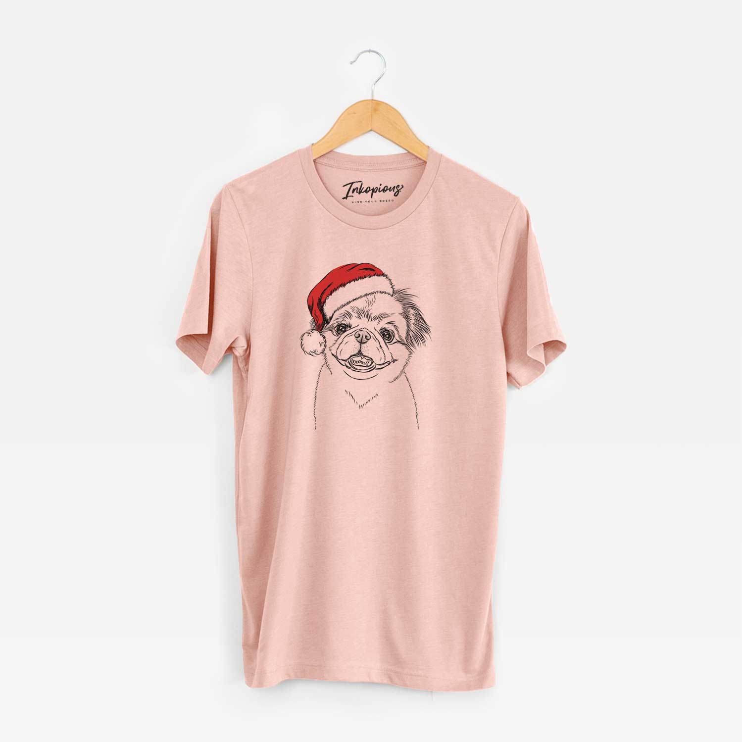 Hand-drawn sketch of Danny the Pekingese wearing a Santa hat on a Peach Unisex crewneck