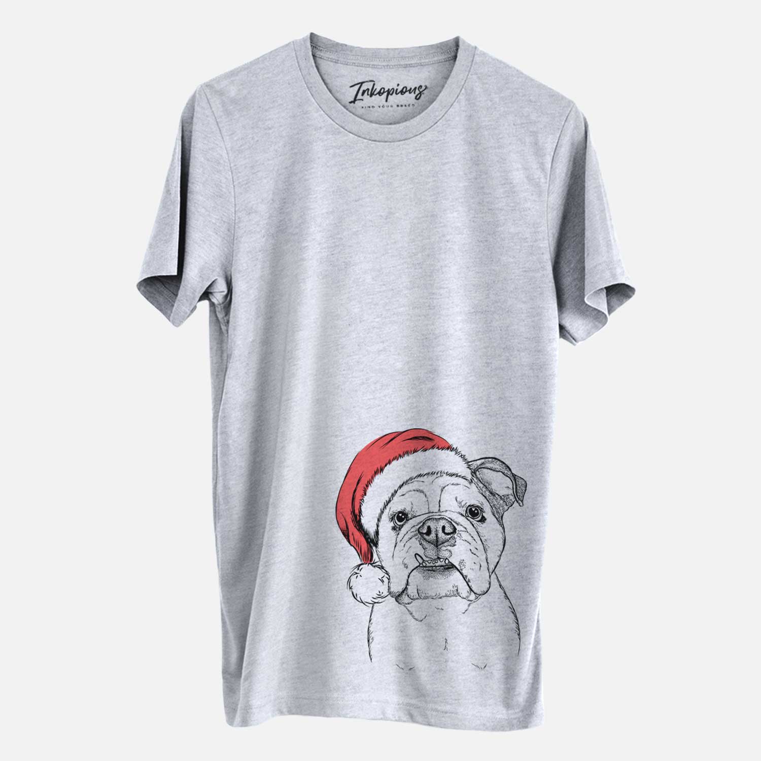 Hand-drawn sketch of Dazy the English Bulldog wearing a Santa hat on a Grey Unisex crewneck