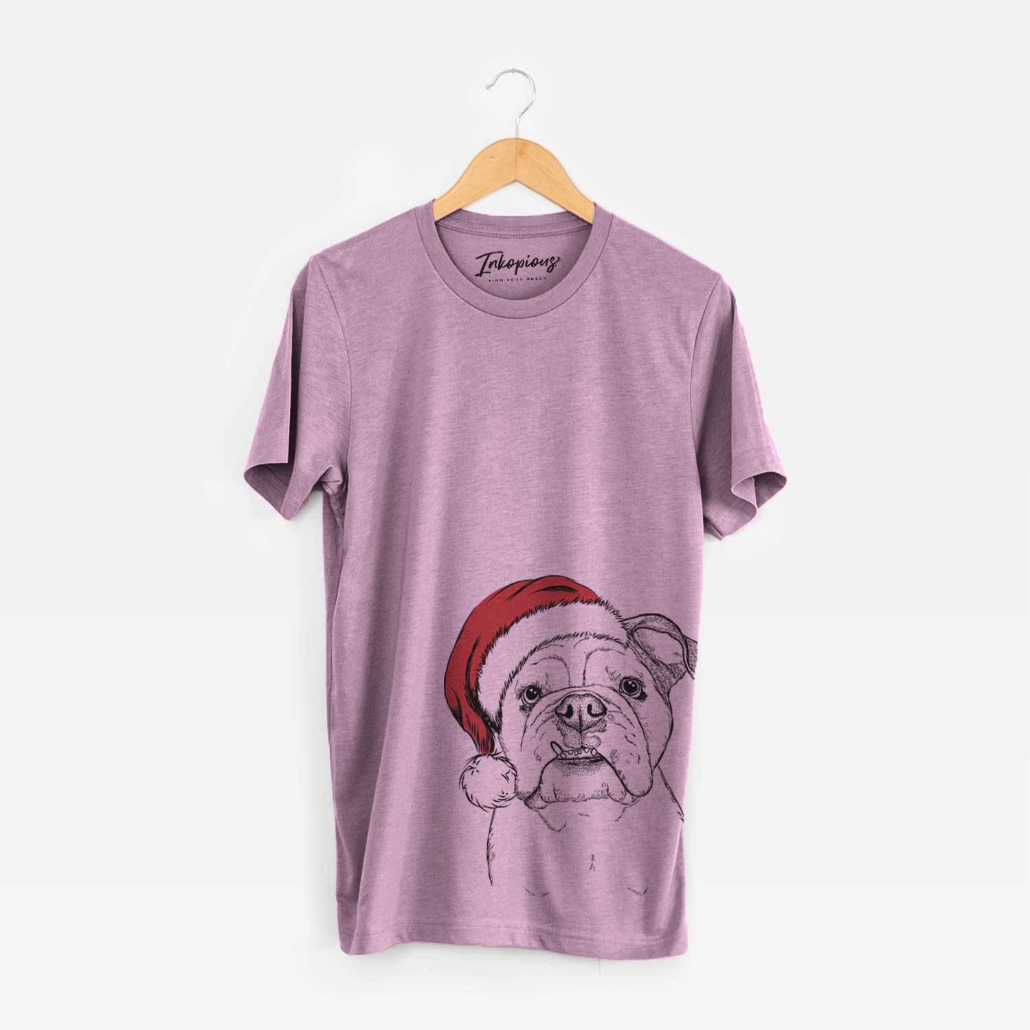 Hand-drawn sketch of Dazy the English Bulldog wearing a Santa hat on an Orchid Unisex crewneck