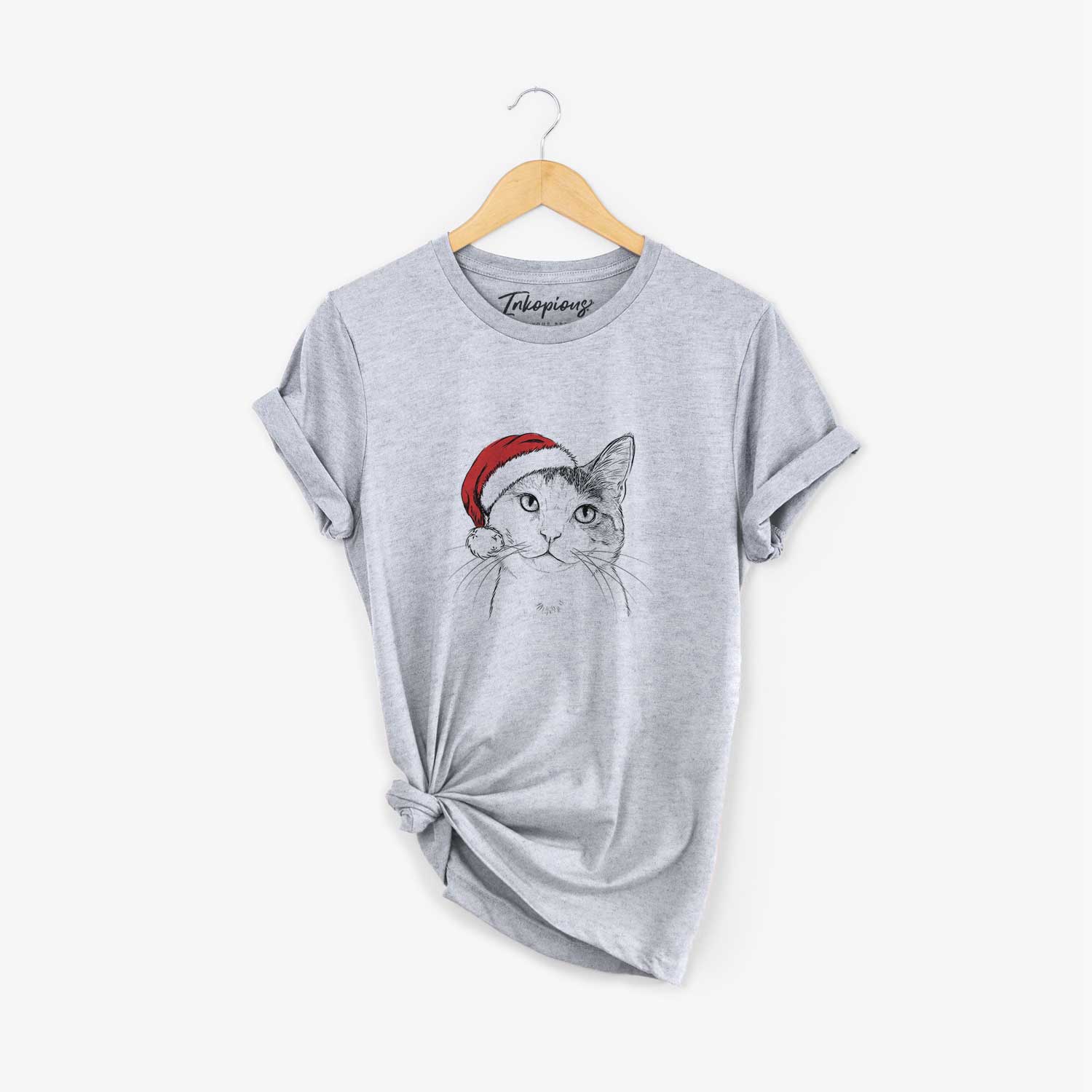 Hand-drawn sketch of Denver the Calico Cat wearing a Santa hat on a Grey Unisex crewneck