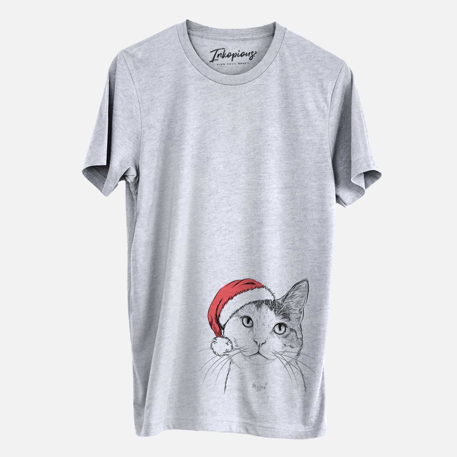 Hand-drawn sketch of Denver the Calico Cat wearing a Santa hat on a Grey Unisex crewneck