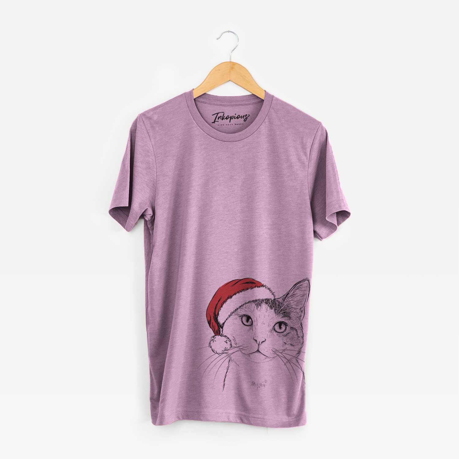 Hand-drawn sketch of Denver the Calico Cat wearing a Santa hat on an Orchid Unisex crewneck