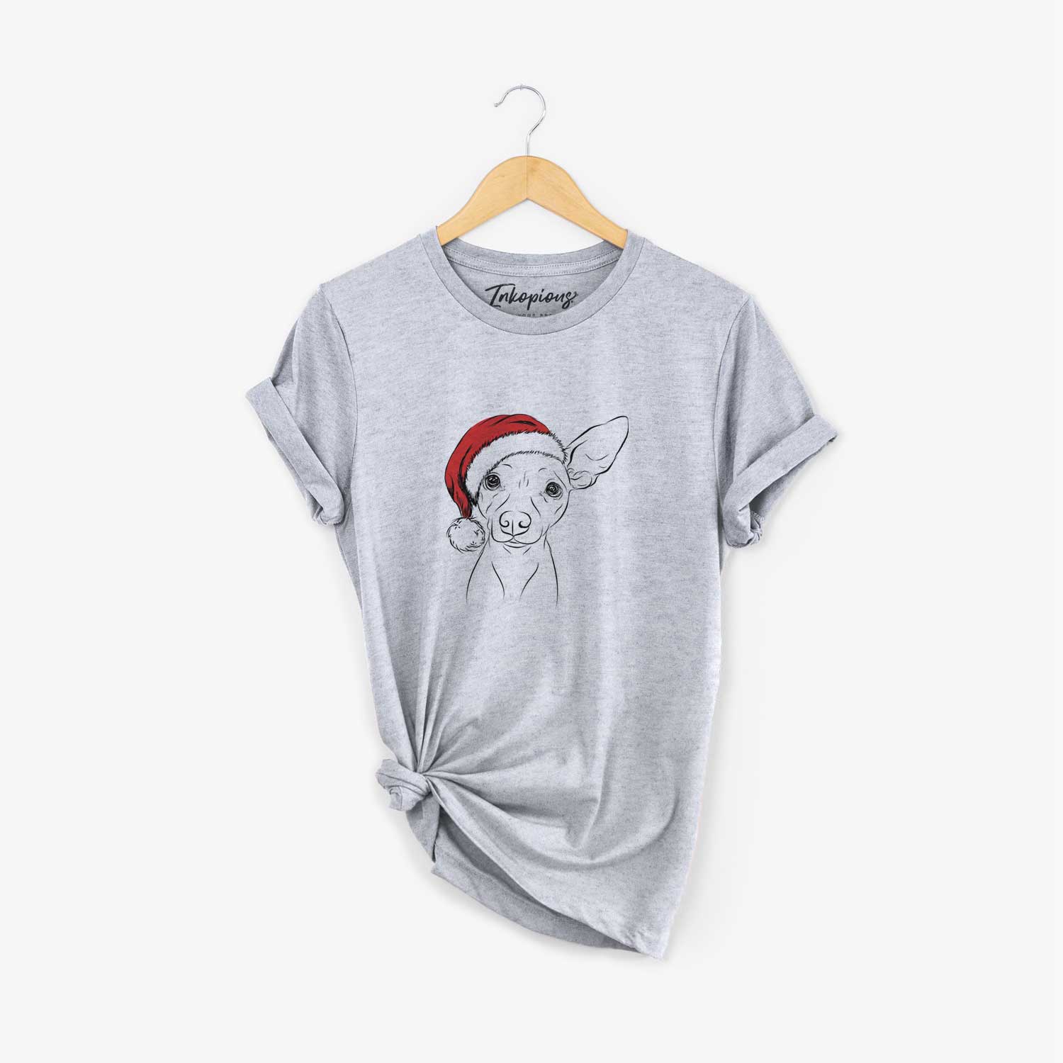 Hand-drawn sketch of Desi the American Hairless Terrier wearing a Santa hat on a Grey Unisex crewneck