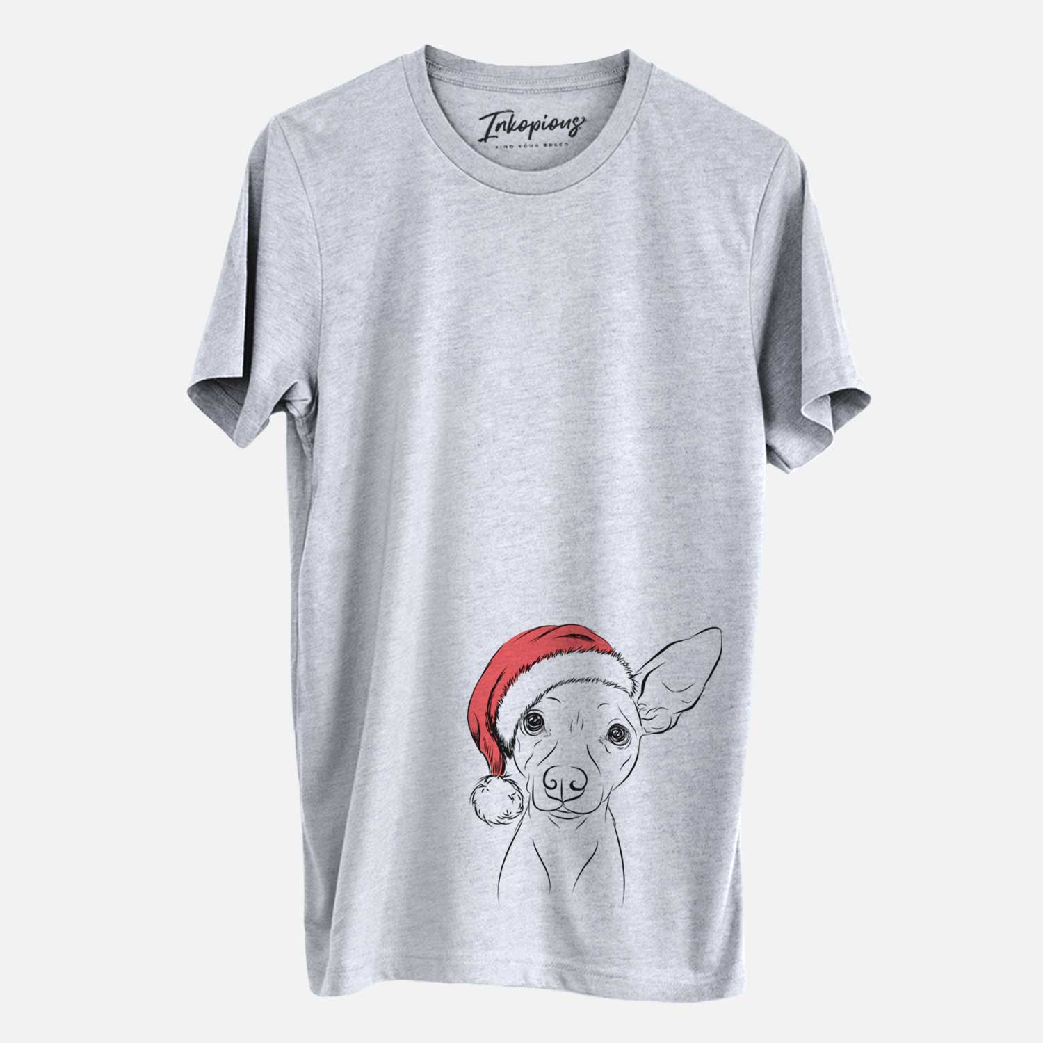 Hand-drawn sketch of Desi the American Hairless Terrier wearing a Santa hat on a Grey Unisex crewneck