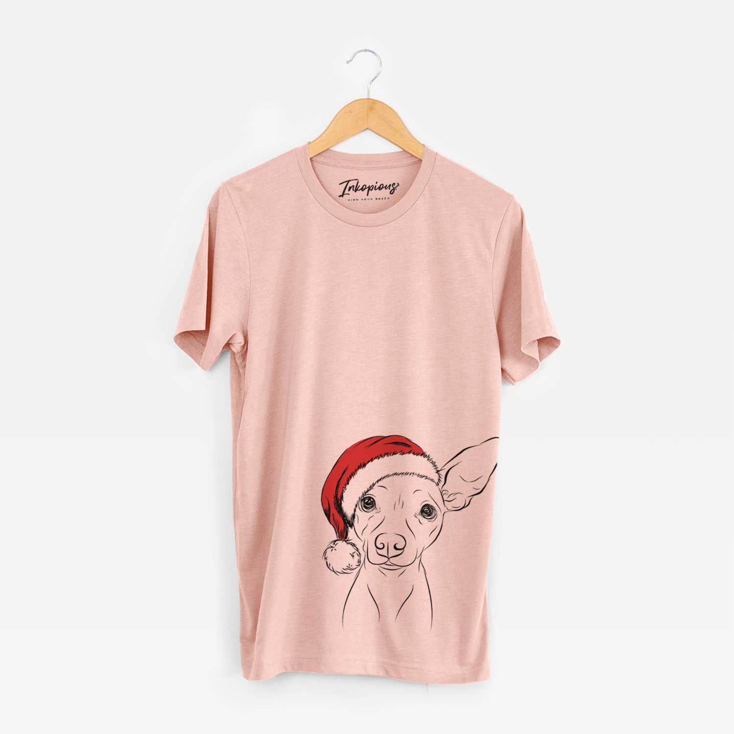 Hand-drawn sketch of Desi the American Hairless Terrier wearing a Santa hat on a Peach Unisex crewneck