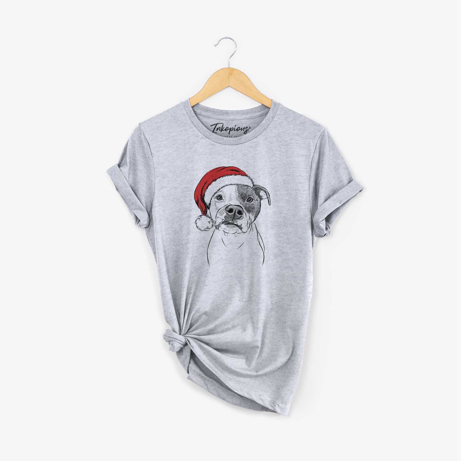 Hand-drawn sketch of Dexter the Pitbull wearing a Santa hat on a Grey Unisex crewneck
