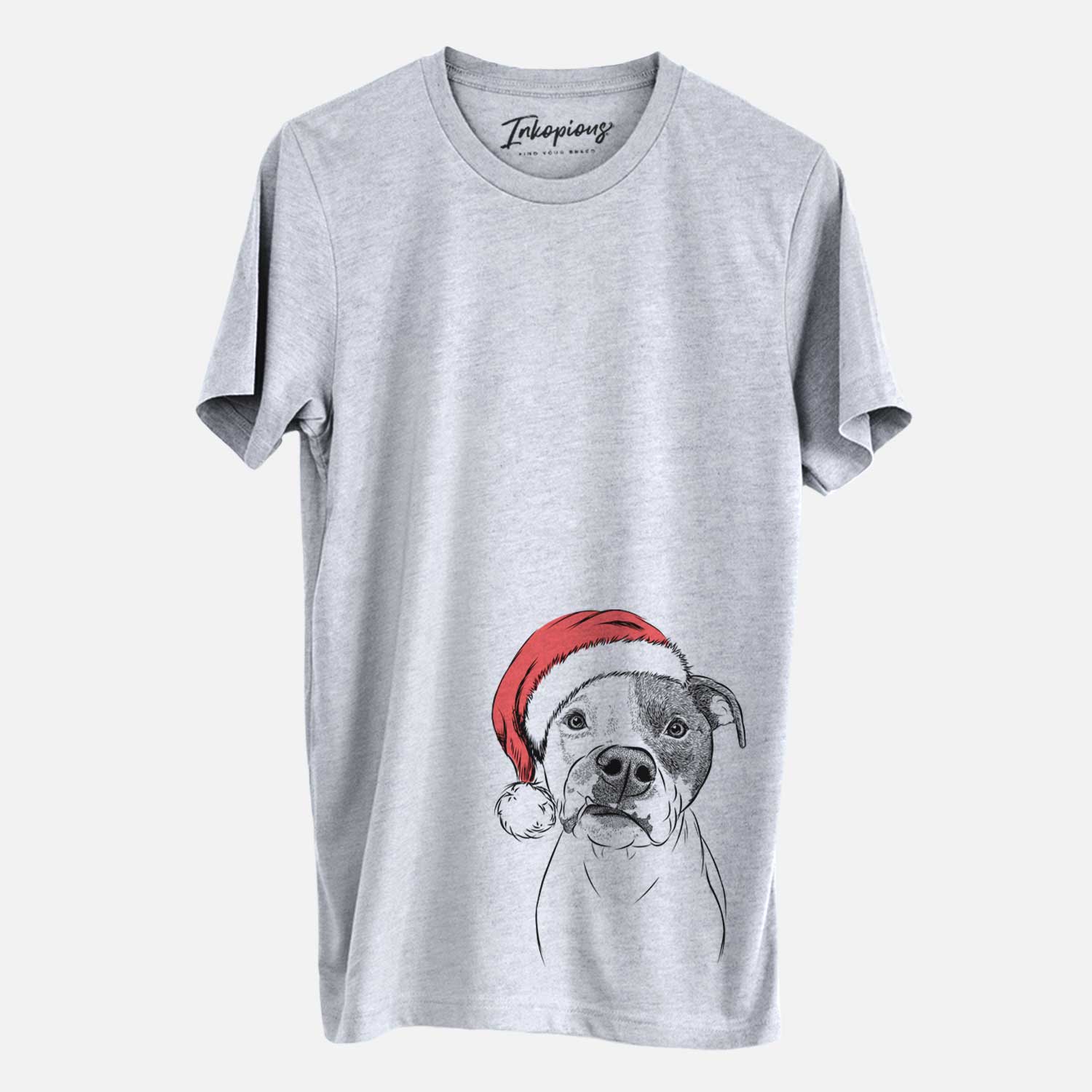 Hand-drawn sketch of Dexter the Pitbull wearing a Santa hat on a Grey Unisex crewneck