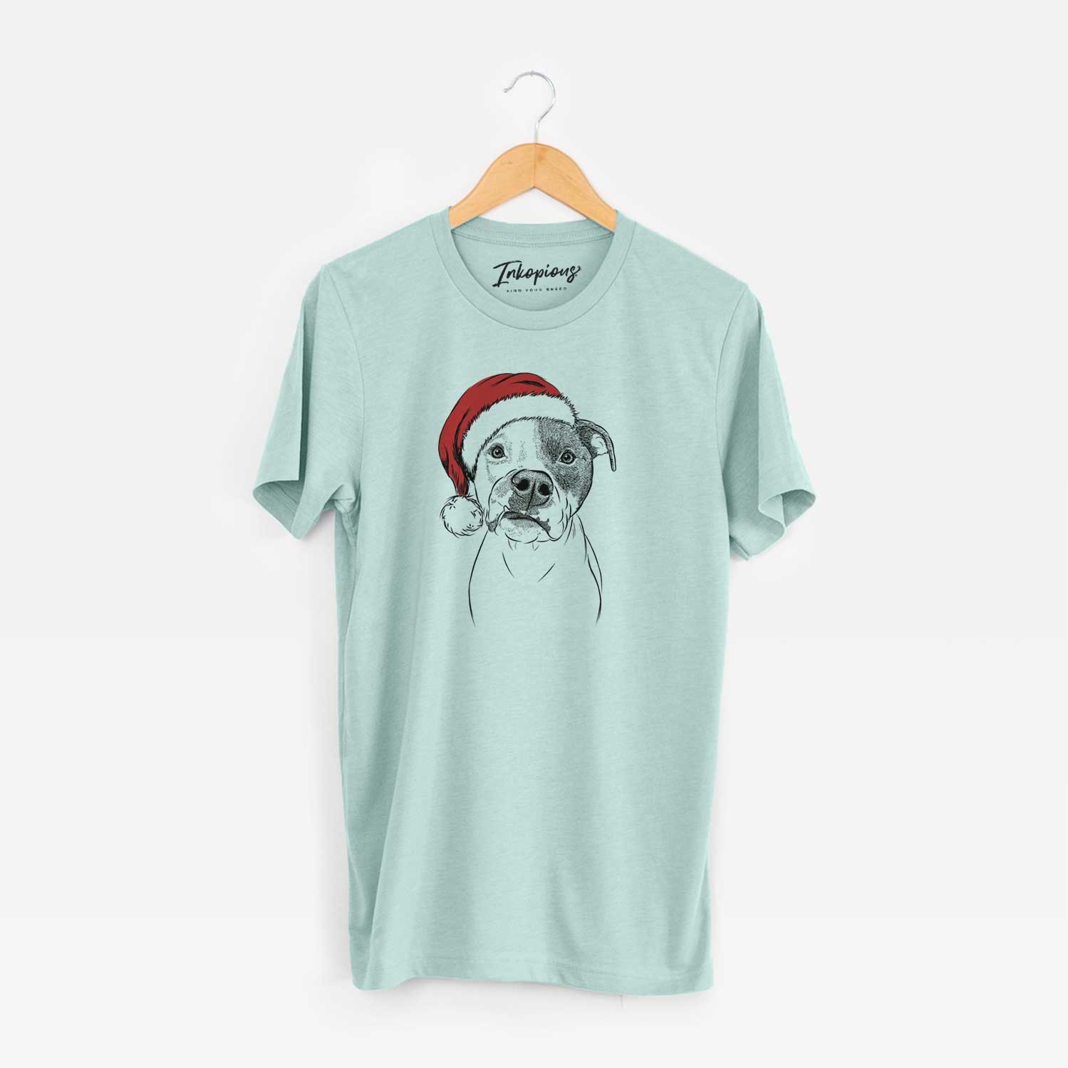 Hand-drawn sketch of Dexter the Pitbull wearing a Santa hat on a Heather Sage Unisex crewneck