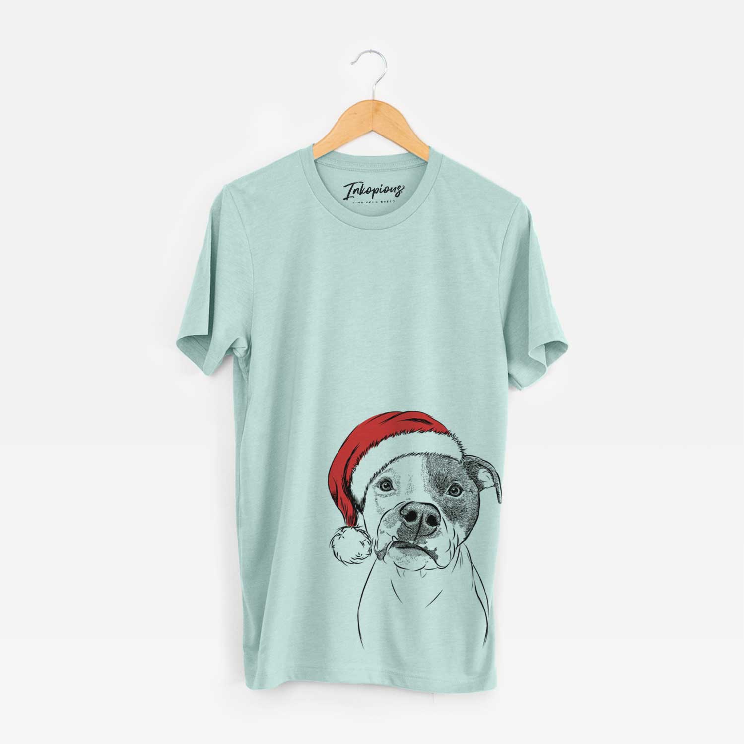 Hand-drawn sketch of Dexter the Pitbull wearing a Santa hat on a Heather Sage Unisex crewneck