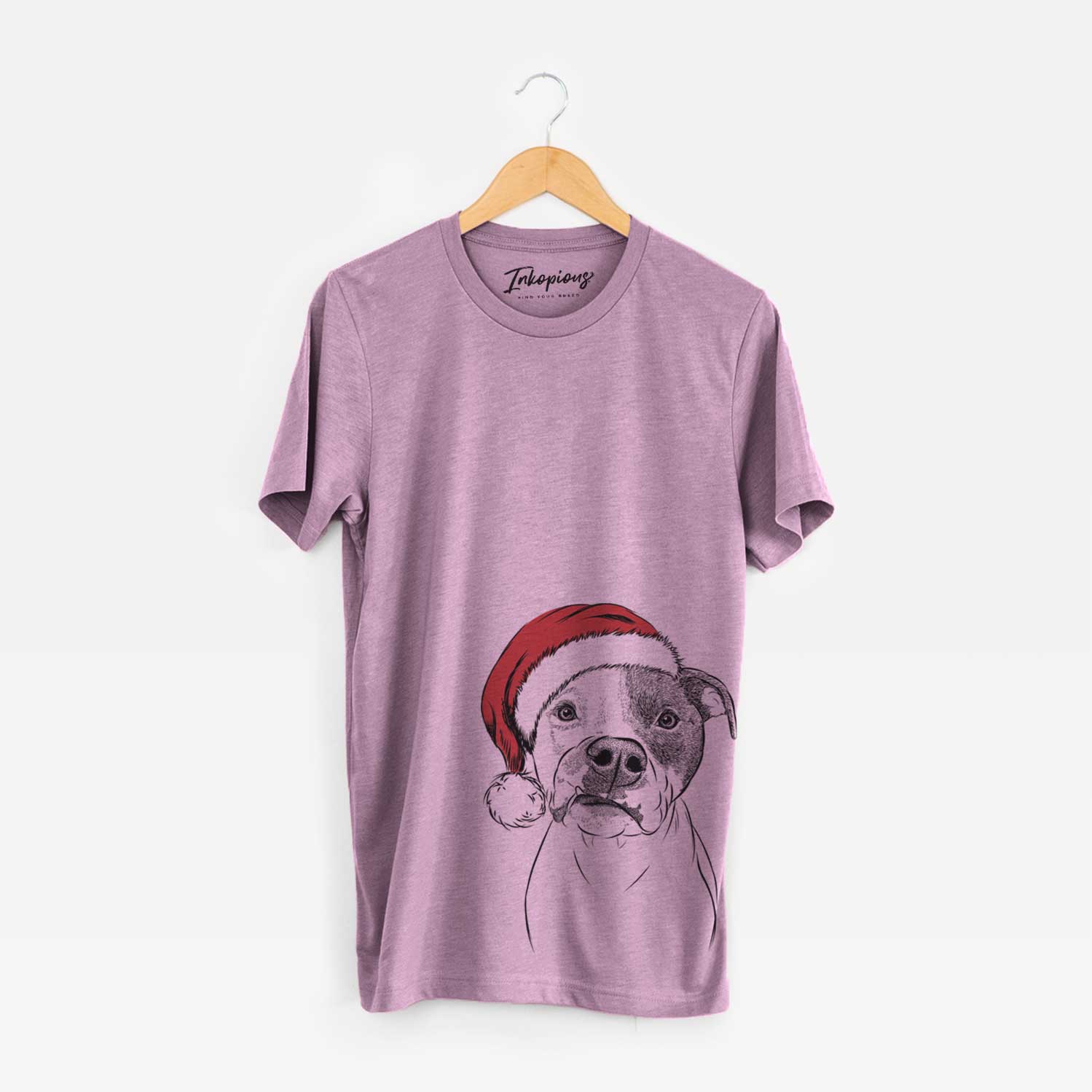 Hand-drawn sketch of Dexter the Pitbull wearing a Santa hat on an Orchid Unisex crewneck